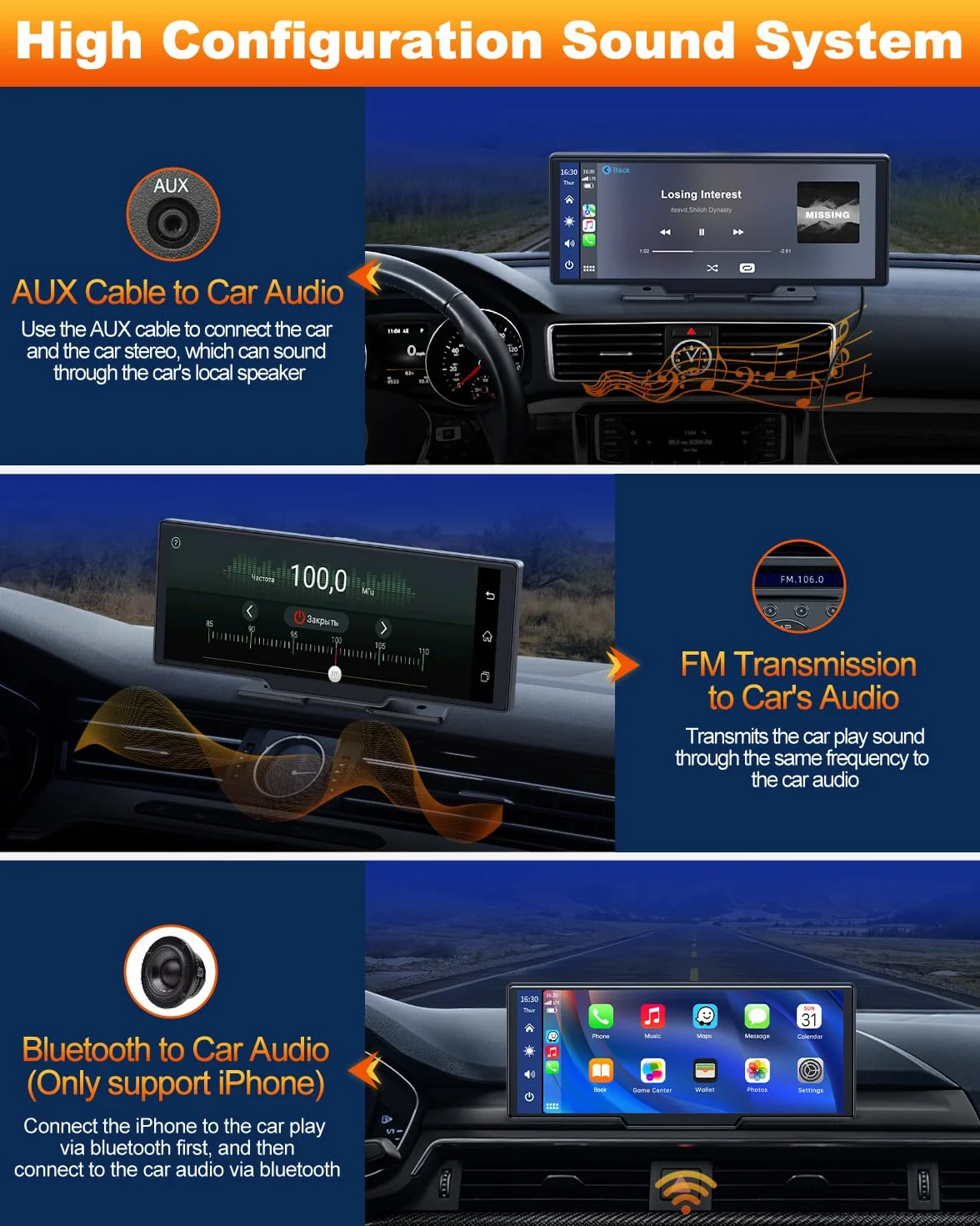 Volam 9.26 pollici Schermo Carplay Auto, Autoradio Portatile con Carplay Android Auto Wireless, Schermo tattile, IOS Mirror Link, Navigazione, Assistente Vocale Siri, G00gle, FM, AUX, Bluetooth 5.0