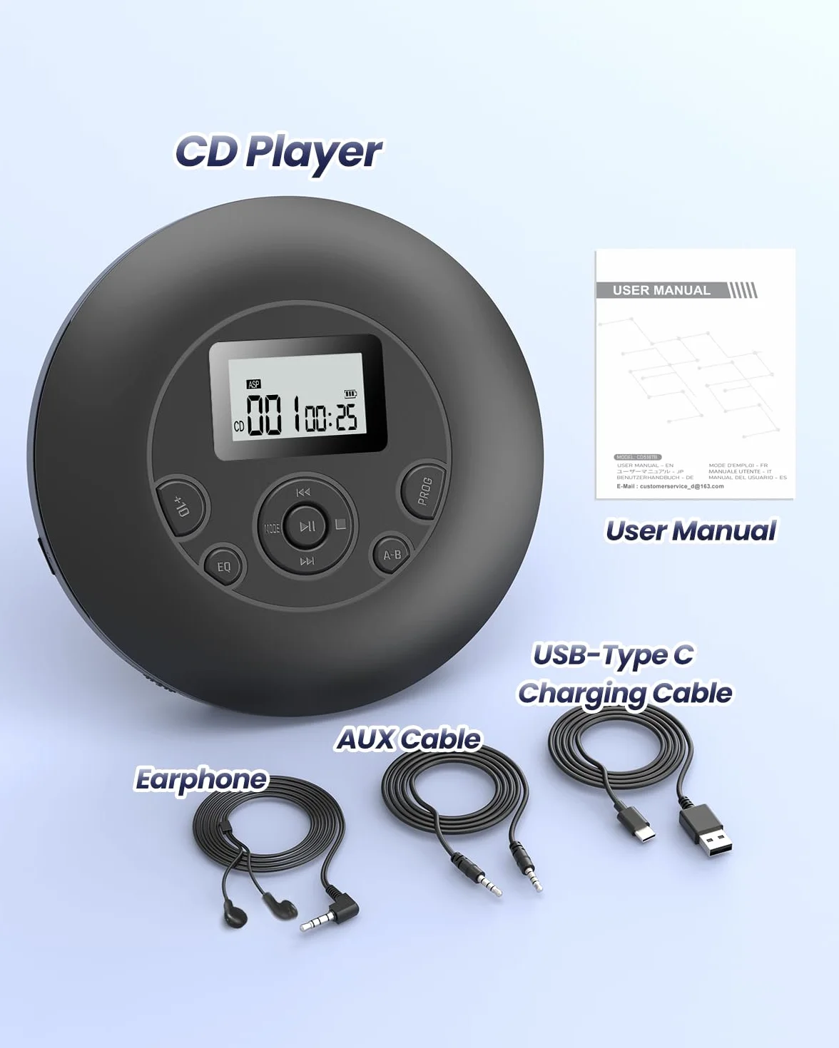 DESOBRY Lettore CD portatile, 7 ore di riproduzione della batteria, Discman con auricolare, Blocco di tenuta e funzione anti-salto, Lettore CD auto con AUX