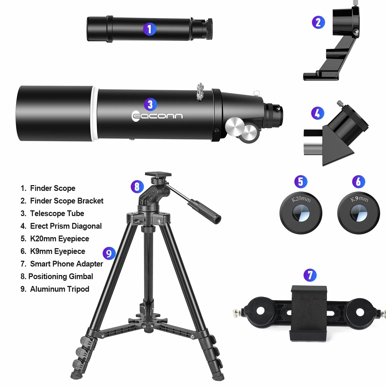 Telescopio Astronomia per Adulti e Principianti - Apertura 80 mm, 600 mm, Portatile da Viaggio per Bambini con Treppiede, Adattatore per Telefono e Zaino