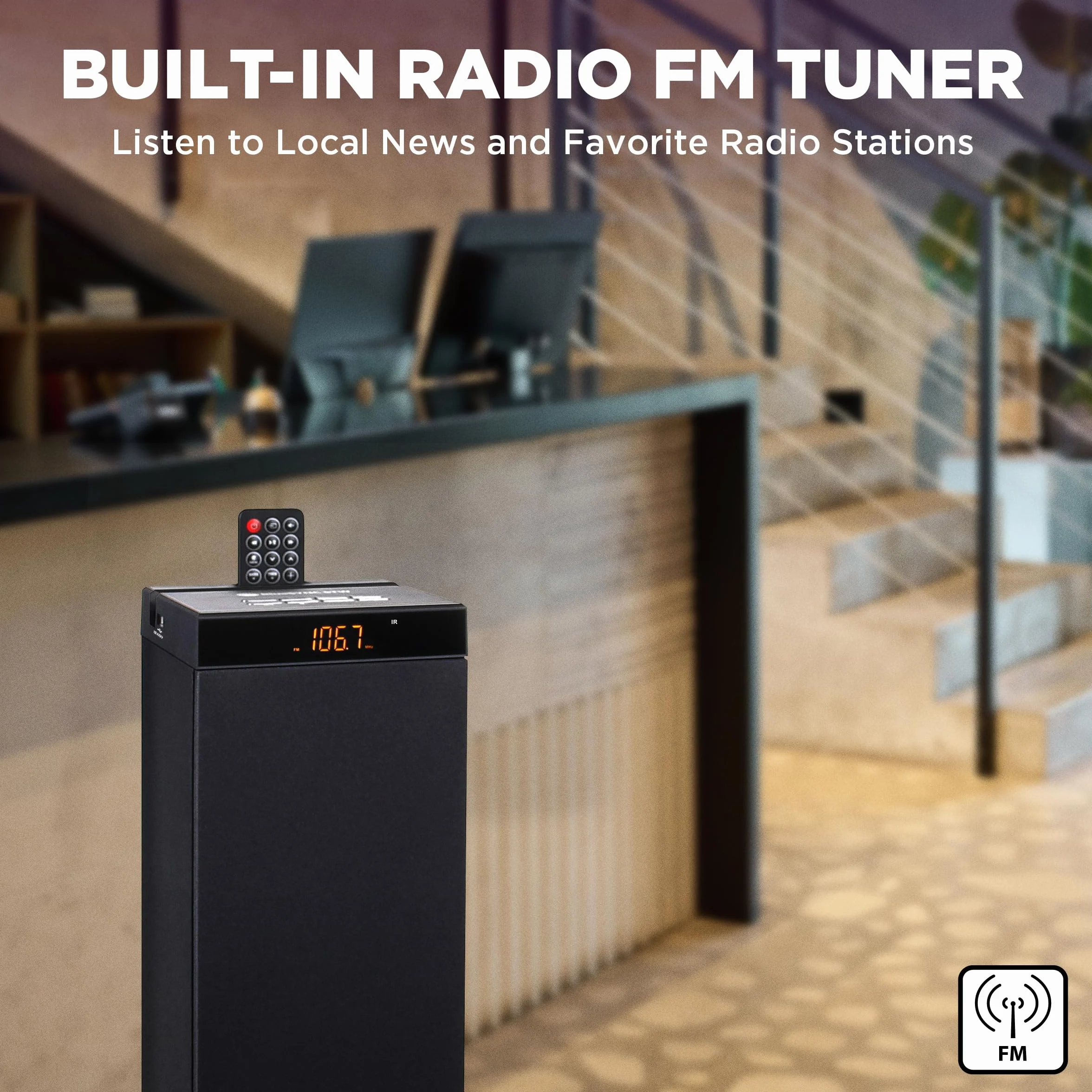 GOgroove Torre Altoparlante Bluetooth con Subwoofer Integrato - Cassa da Pavimento Home con Bassi Potenti, Doppi Driver, 120W di Picco, MP3 AUX 3,5mm, Porta USB 2.0 per Chiavetta, Radio FM (Nero)