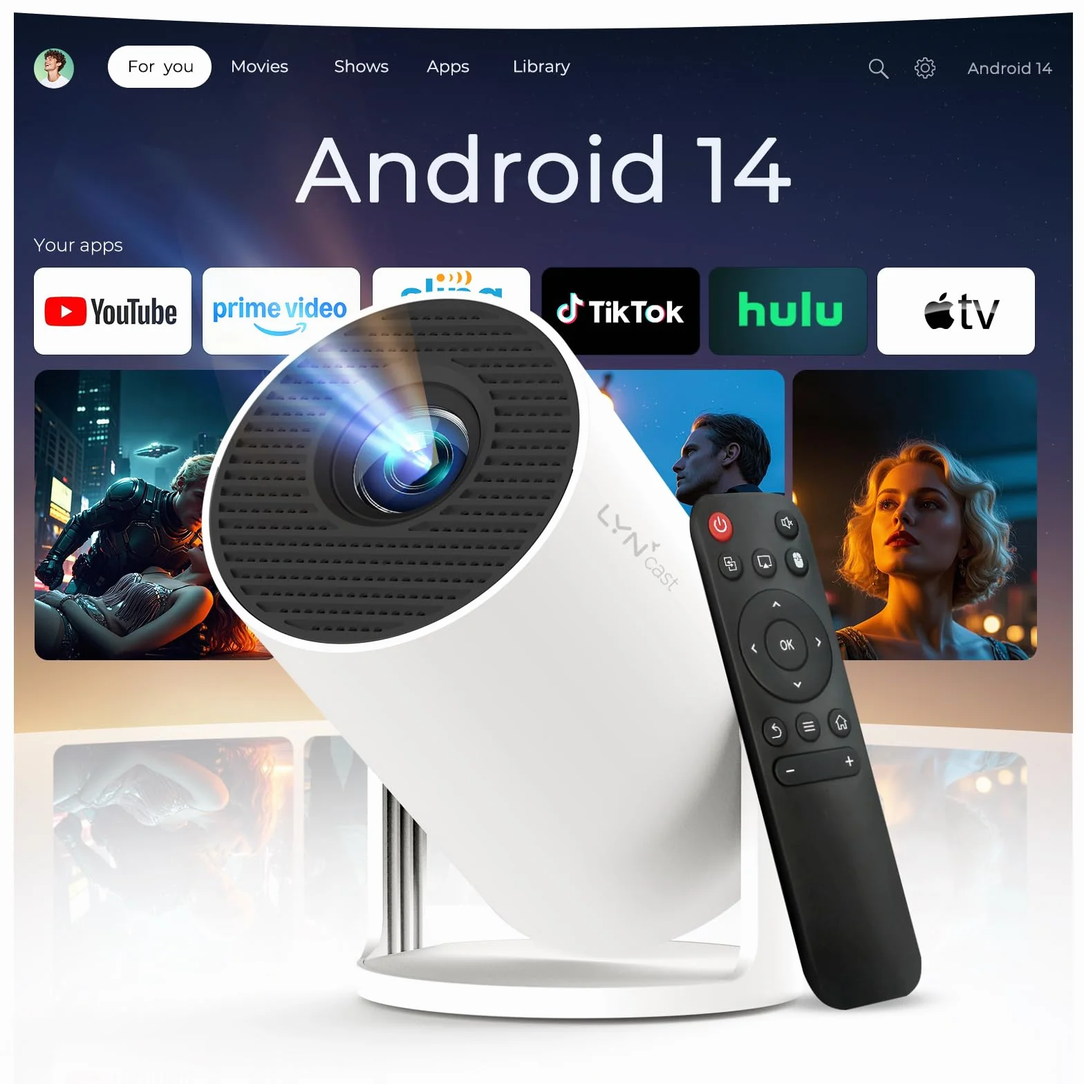 Mini Proiettore con WiFi e Bluetooth Integrato, Android 14, Supporto 1080P 4K, Proiettore Portatile, Rotazione 180°, Versione Aggiornata HY300 Pro+, per Uso Domestico ed Esterno LYNCAST