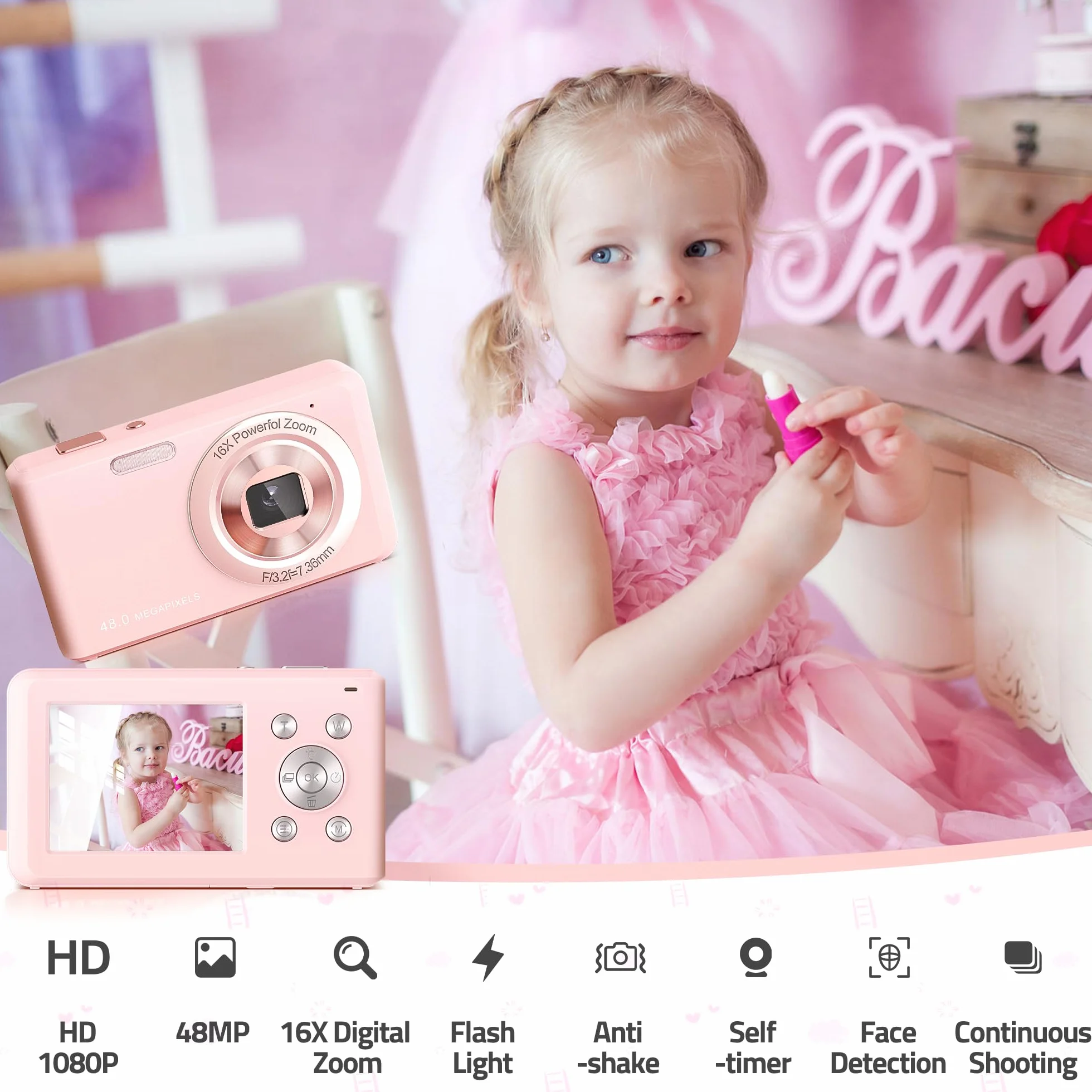 Fotocamera Digitale, HD 1080P con Scheda di Memoria da 32 GB, Fotocamera da 48 Megapixel, LCD da 2,4 Pollici con Zoom Digitale 16x per Ragazze, Adolescenti, Ragazzi e Principianti (Rosa)
