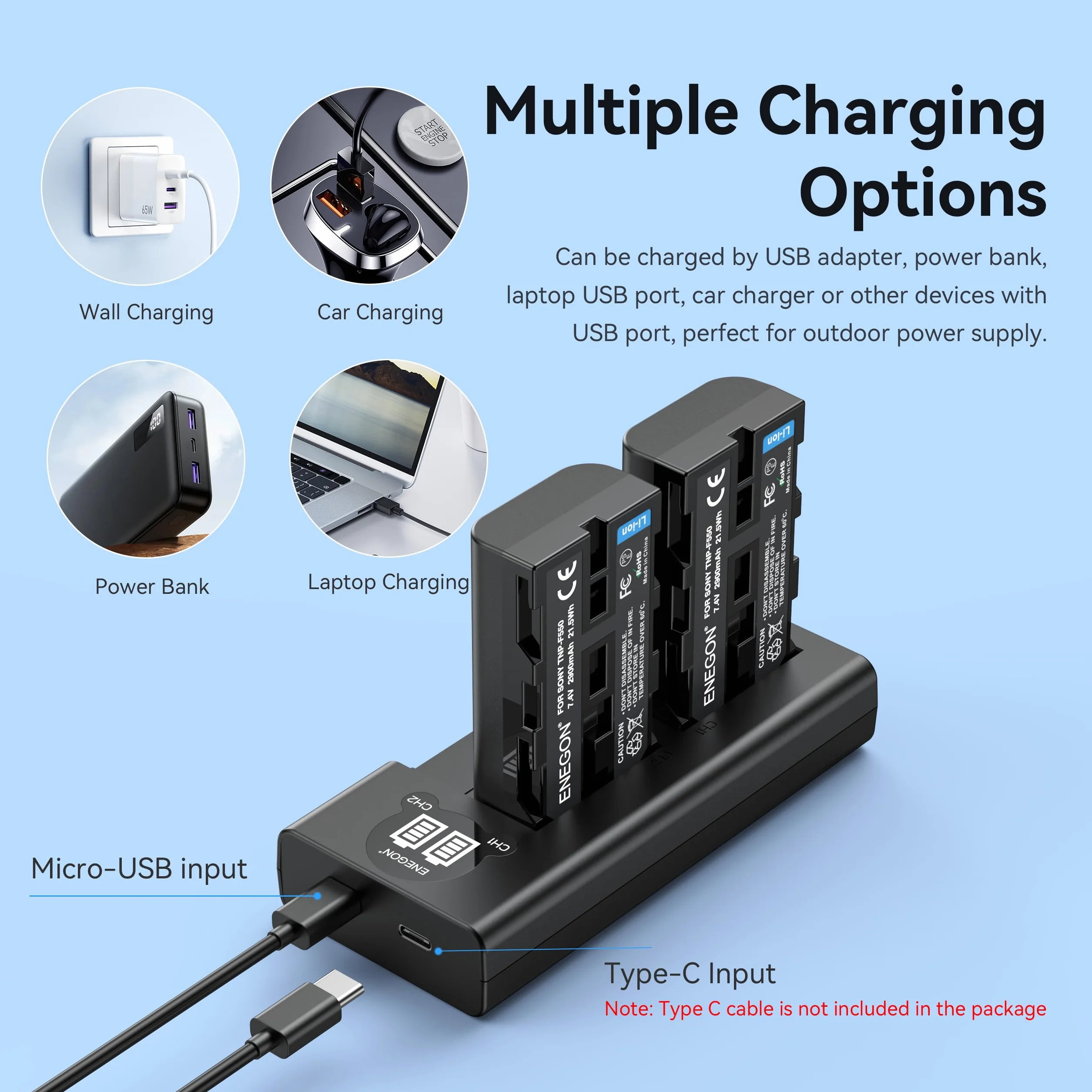 ENEGON NP-F550 Batteria sostitutiva (2 pezzi) e caricabatterie Dual USB intelligente per NP-F980 NP-F970 NP-F960 NP-F950 NP-F930 NP-F770 NP-F750 NP-F570 NP-F550