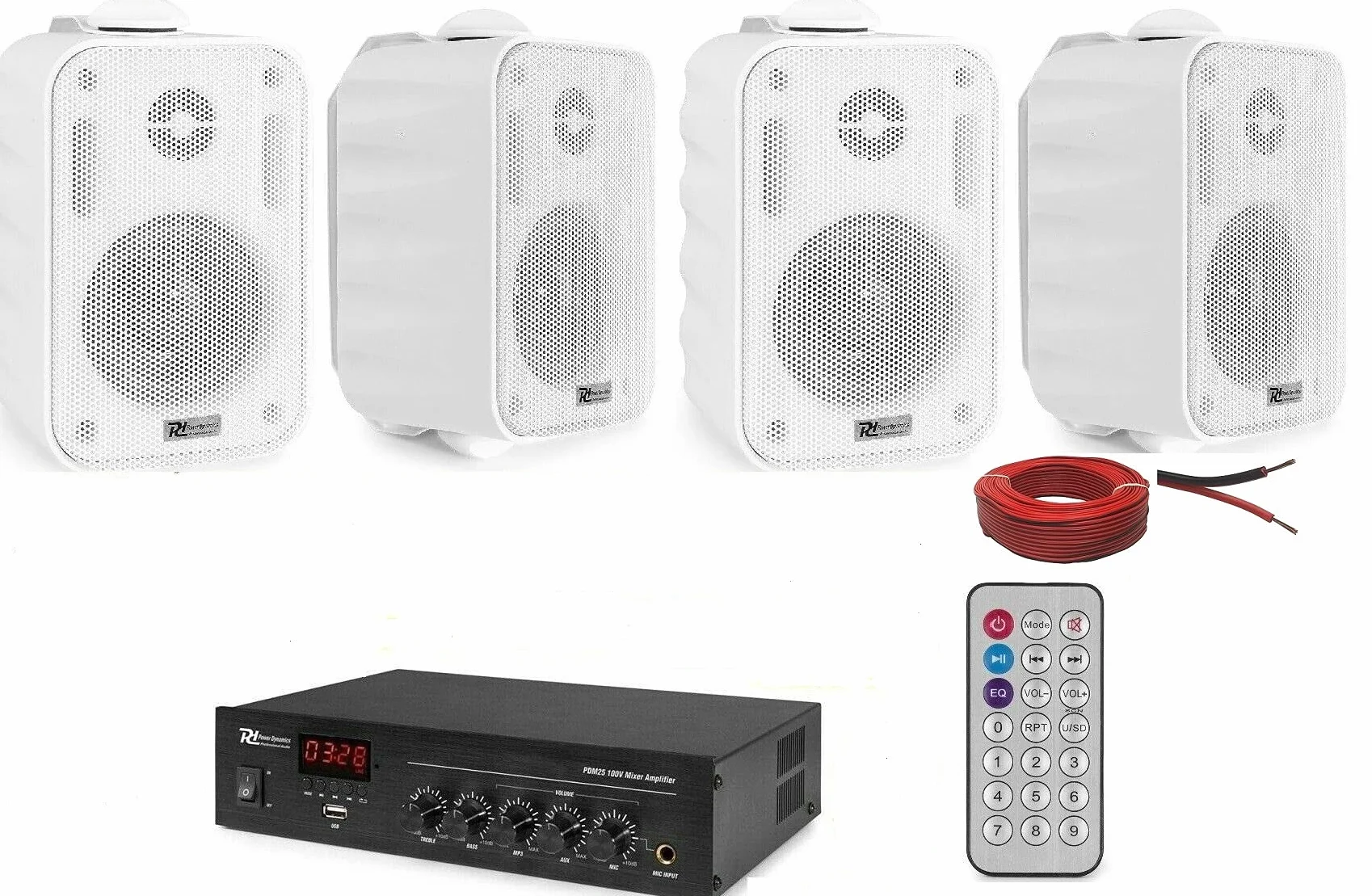 IMPIANTO AUDIO FILODIFFUSIONE 1 AMPLIFICATORE 4 CASSE DA PARETE + 100 METRI CAVO