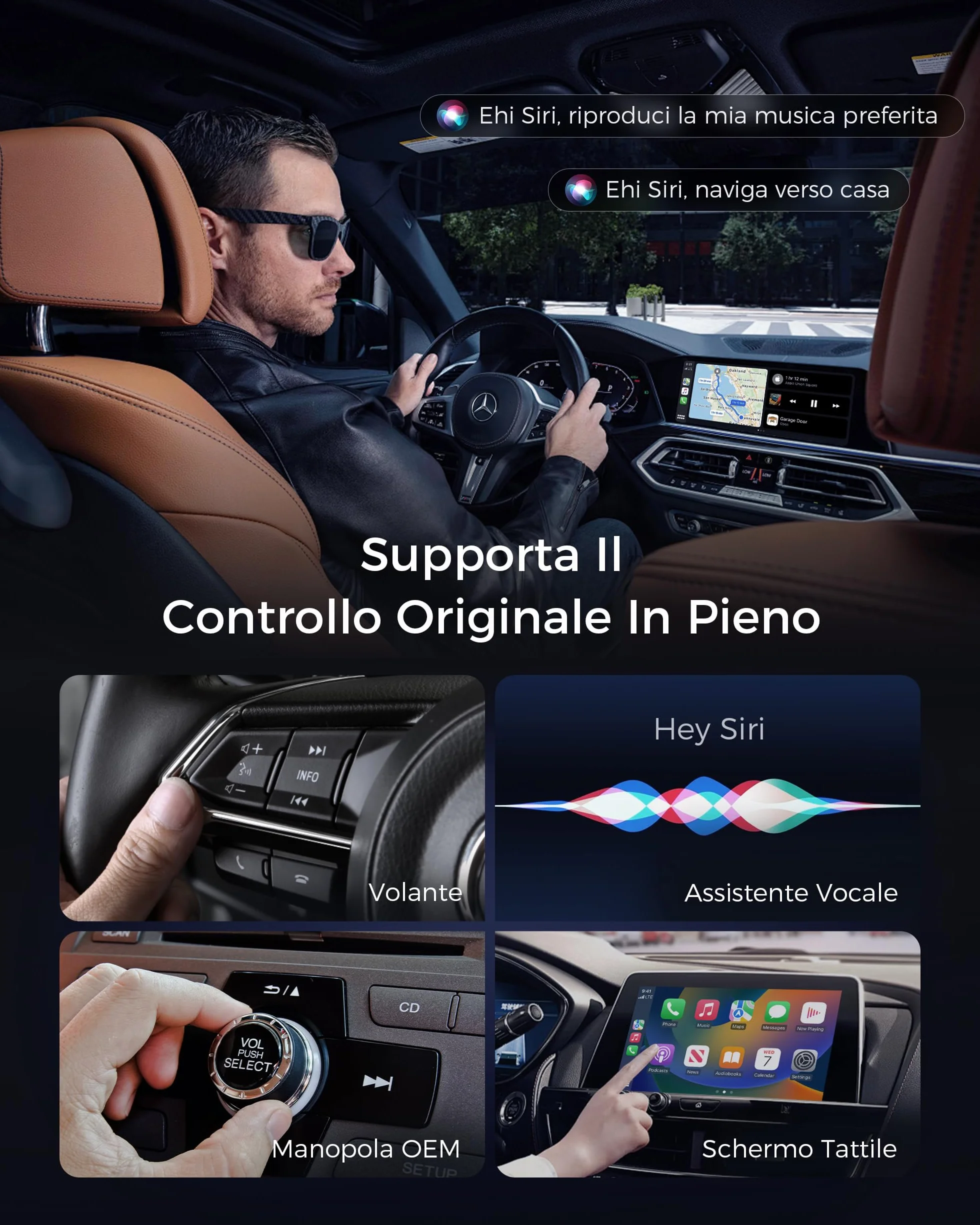 Mini Adattatore CarPlay Wireless Bluetooth V5.3 Wi-Fi 6 Doppia Banda USB C/A per Apple iPhone iOS 10+