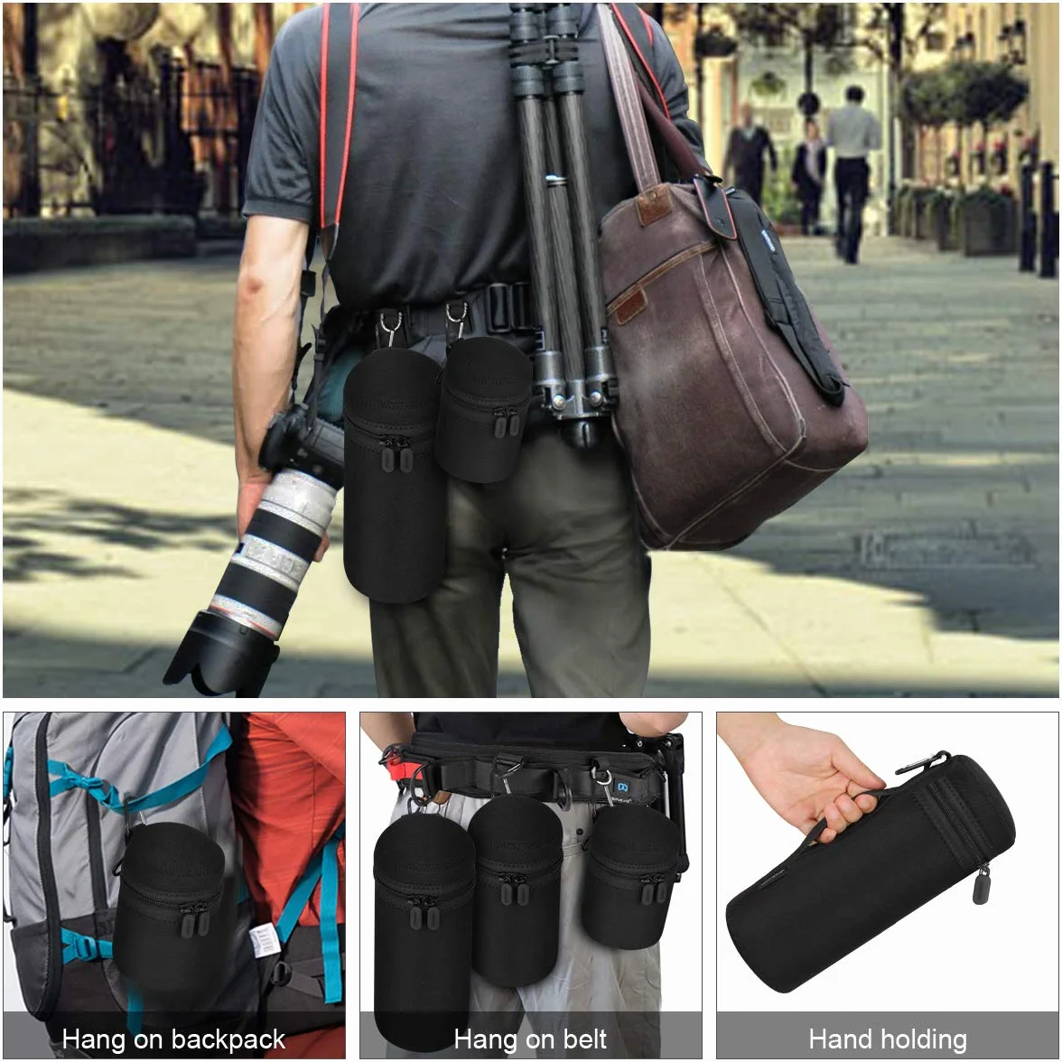 Arvok Sacchetti Lenti, 4 Custodia per Obiettivo Set per Proteggere Lenti DSLR, Neoprene con Morbida Spessore in Peluche per Nikon, Tamron, Sigma, Pentax, Sony(Piccola, Media, Grande e XL) (Nero)
