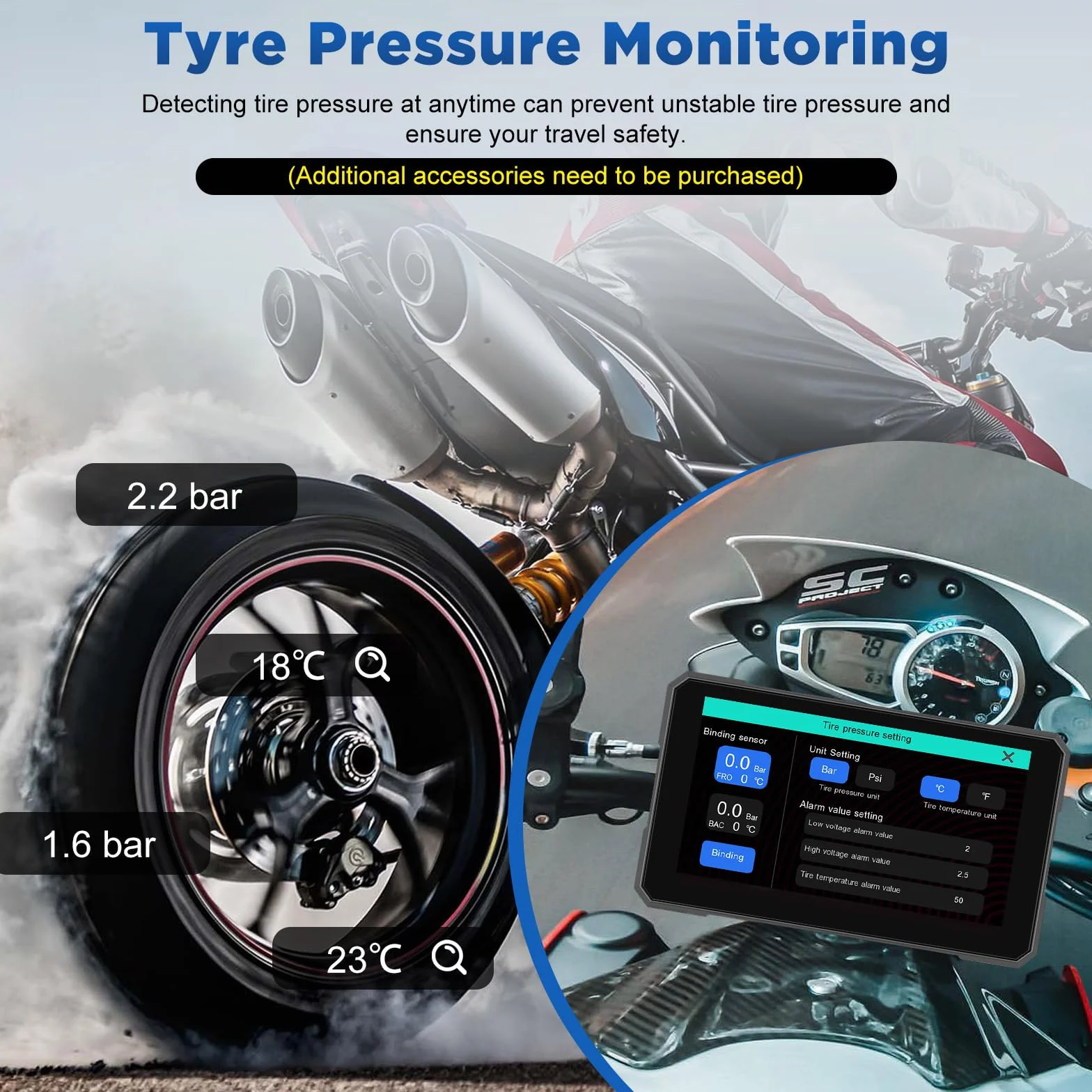 5 Pollici Navigatore Moto con Wireless CarPlay e Android Auto, Impermeabile IP67, Monitoraggio Della Pressione Dei Pneumatici, Navigazione GPS e Controllo Vocale - per Tutte le Motociclette
