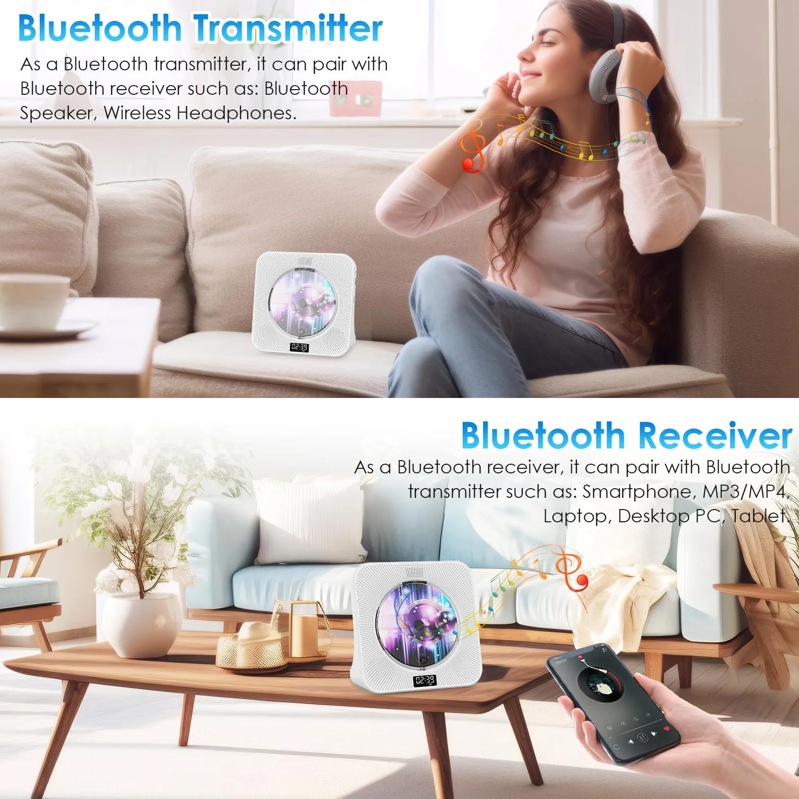 Gueray Lettore CD Desktop Bluetooth Con Altoparlanti Per La Casa - Portatile Con AUX USB Cuffia Jack FM Radio HiFi - Boombox Con Telecomando Display LCD Per Bambini Regalo