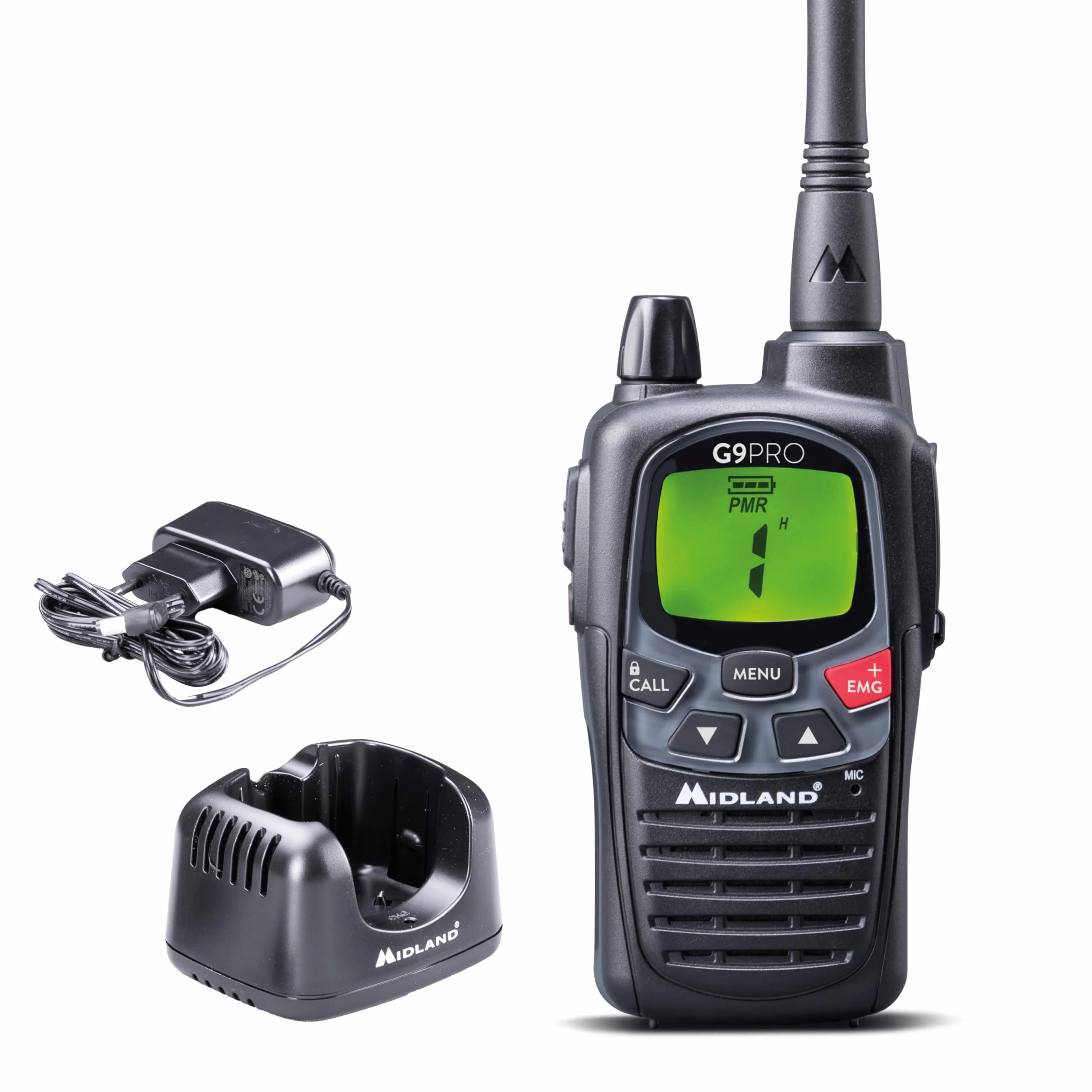 Midland - Walkie Talkie G9 PRO, Ricetrasmittenti Professionali IPX4 Waterproof per Softair e Outdoor, 101 Canali - 32 PMR446/69 LPD, Copertura 12Km, Autonomia 23H, 4 Batterie Ricaricabili e Accessori