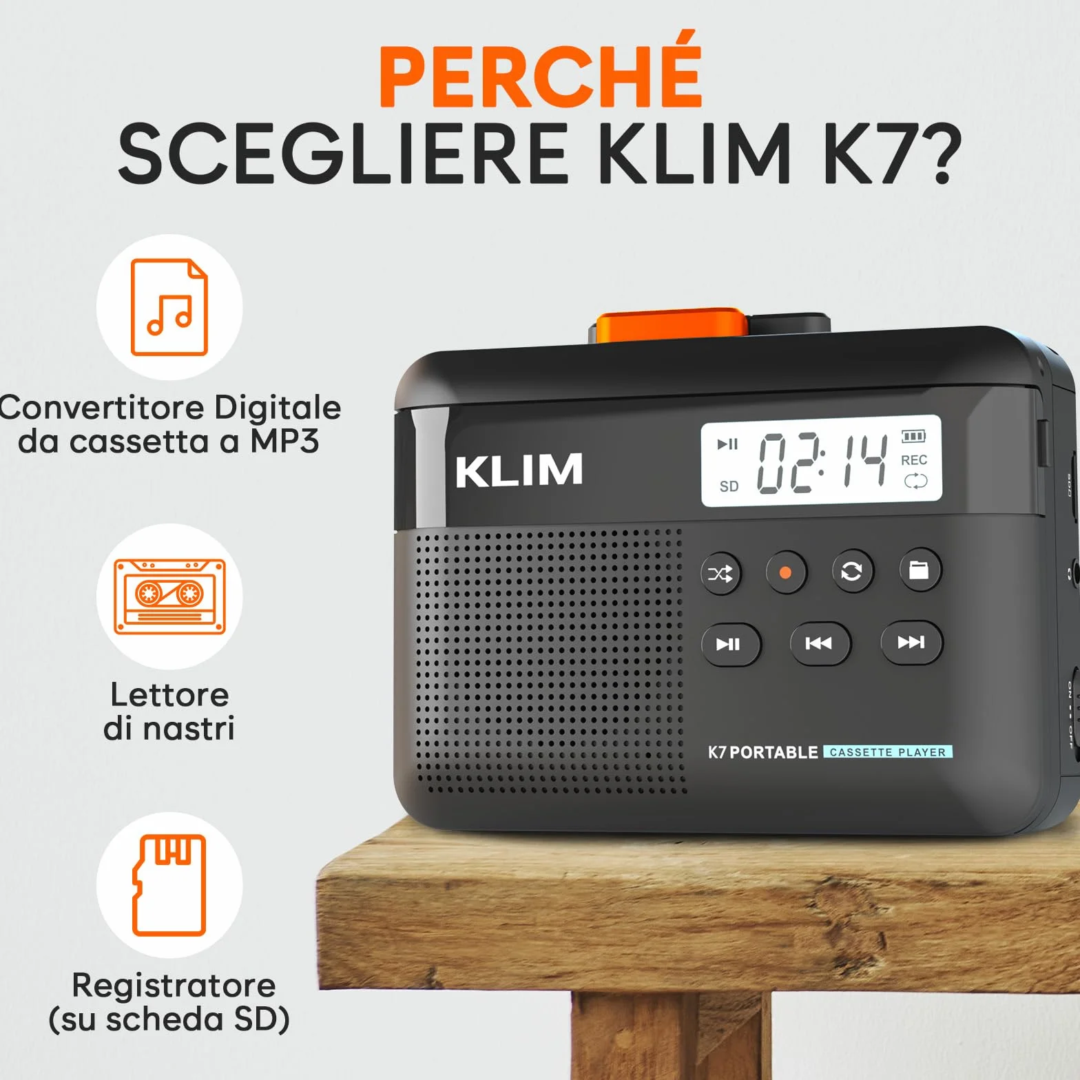 K7 Cassette Player MP3 Converter Portatile con Microfono e Altoparlante Incorporati Batteria Ricaricabile Auricolari Scheda SD 16 GB Nero Arancione