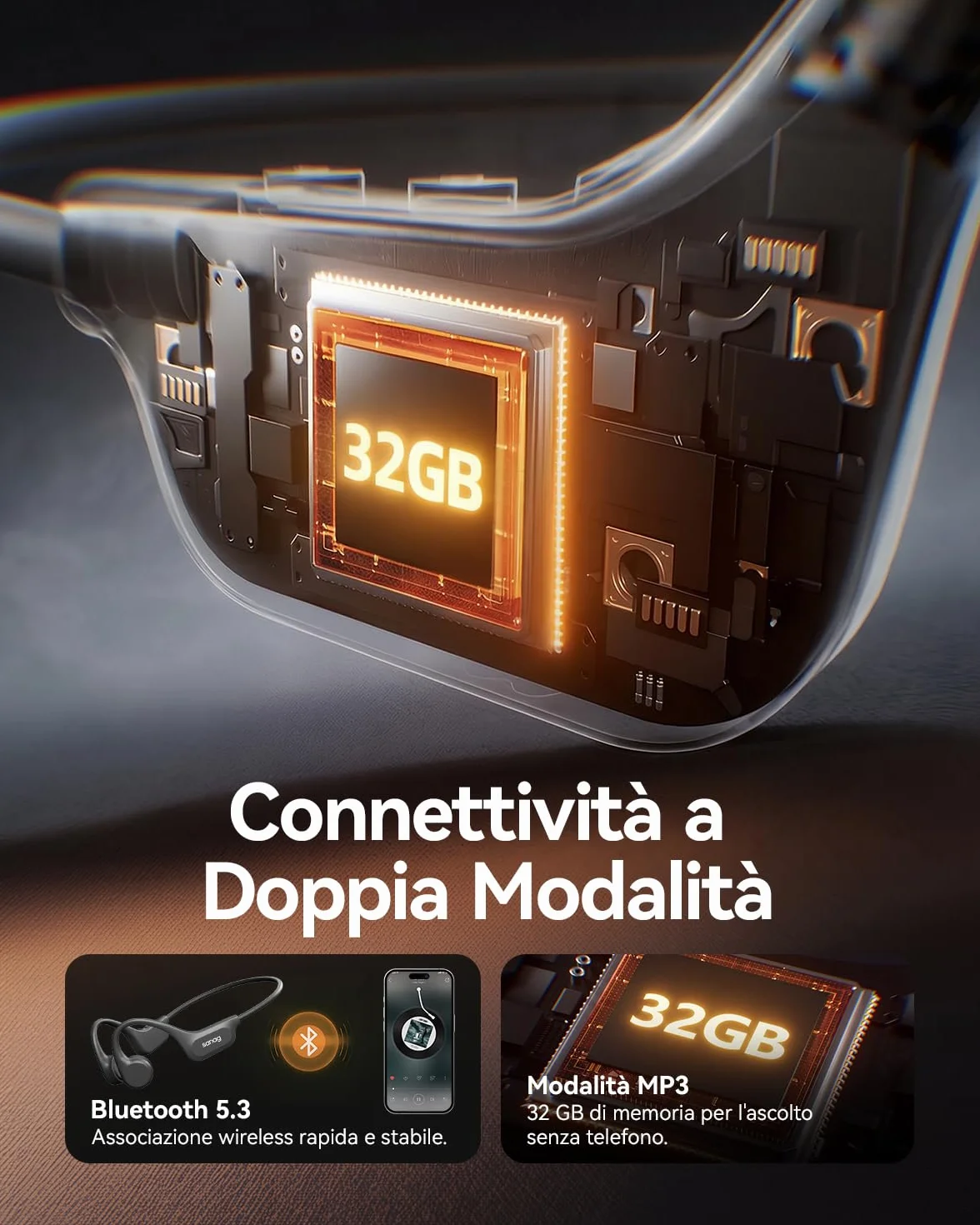 SANAG Cuffie Conduzione Ossea, Bluetooth 5.3 Cuffie Sportive Wireless, Impermeabili IPX8 con Memoria Integrata, Design Open-Ear, Tasti Fisici Tattili, per Corsa, Fitness e Nuoto, Nero