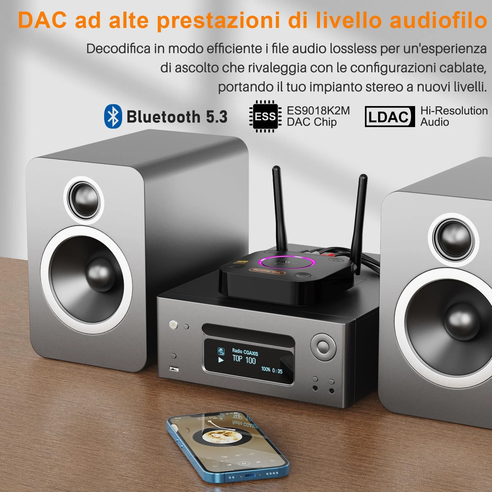 1Mii B06Ultra Ricevitore Bluetooth 5.3 HiFi con Hi-Res LDAC, Adattatore Audio Bluetooth Wireless con DAC Audiofilo, 3D Surround aptX HD/Bassa Latenza, Uscita Ottica/Coassiale/AUX 3.5mm per Stereo