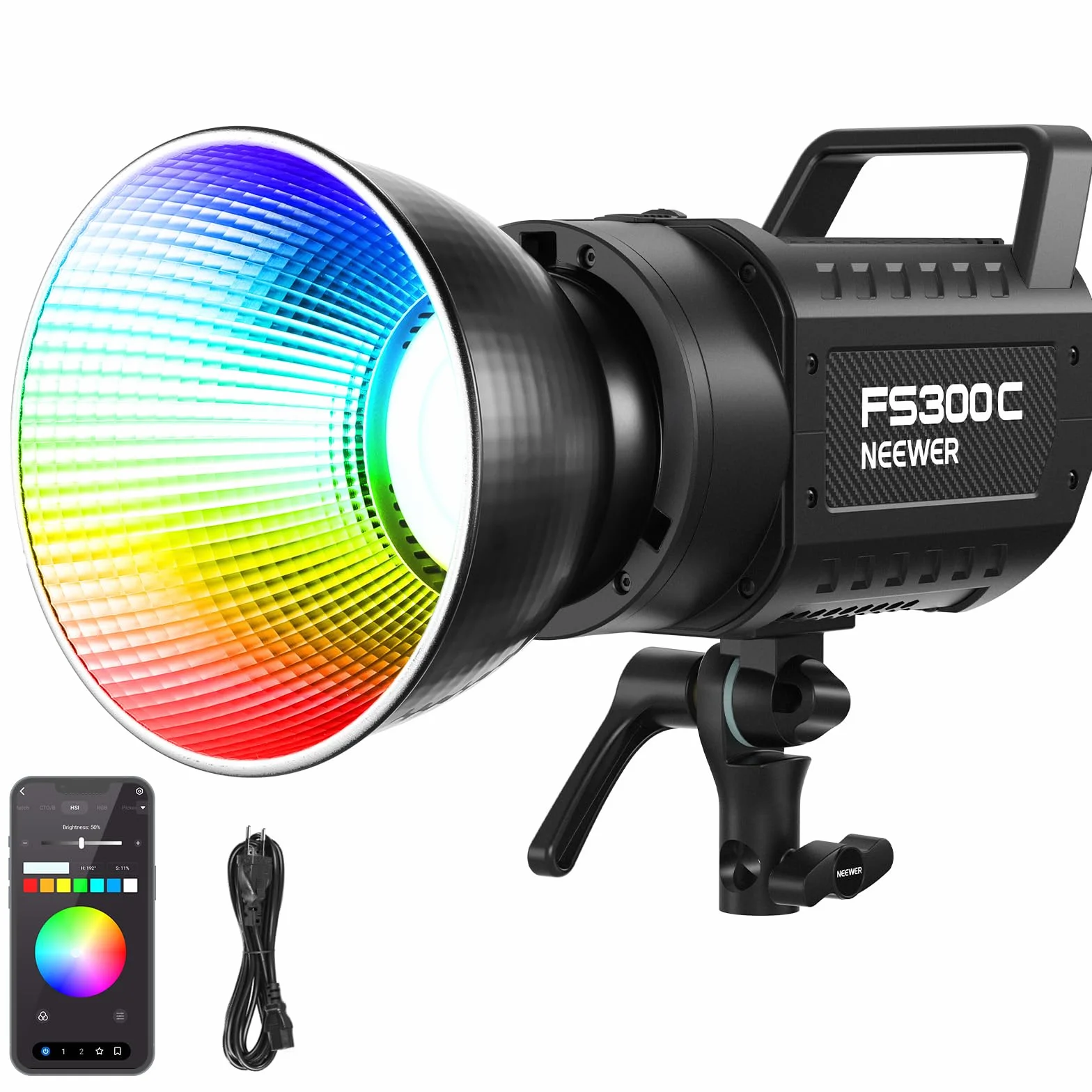 NEEWER 300W Luce Video LED RGB con Controllo APP/2.4G, 17 Effetti, Illuminazione Continua COB 2500K-7500K 29000lux/1m, CRI95+/TLCI97+ Attacco Bowens per Fotografia Registrazione Video Studio, FS300C