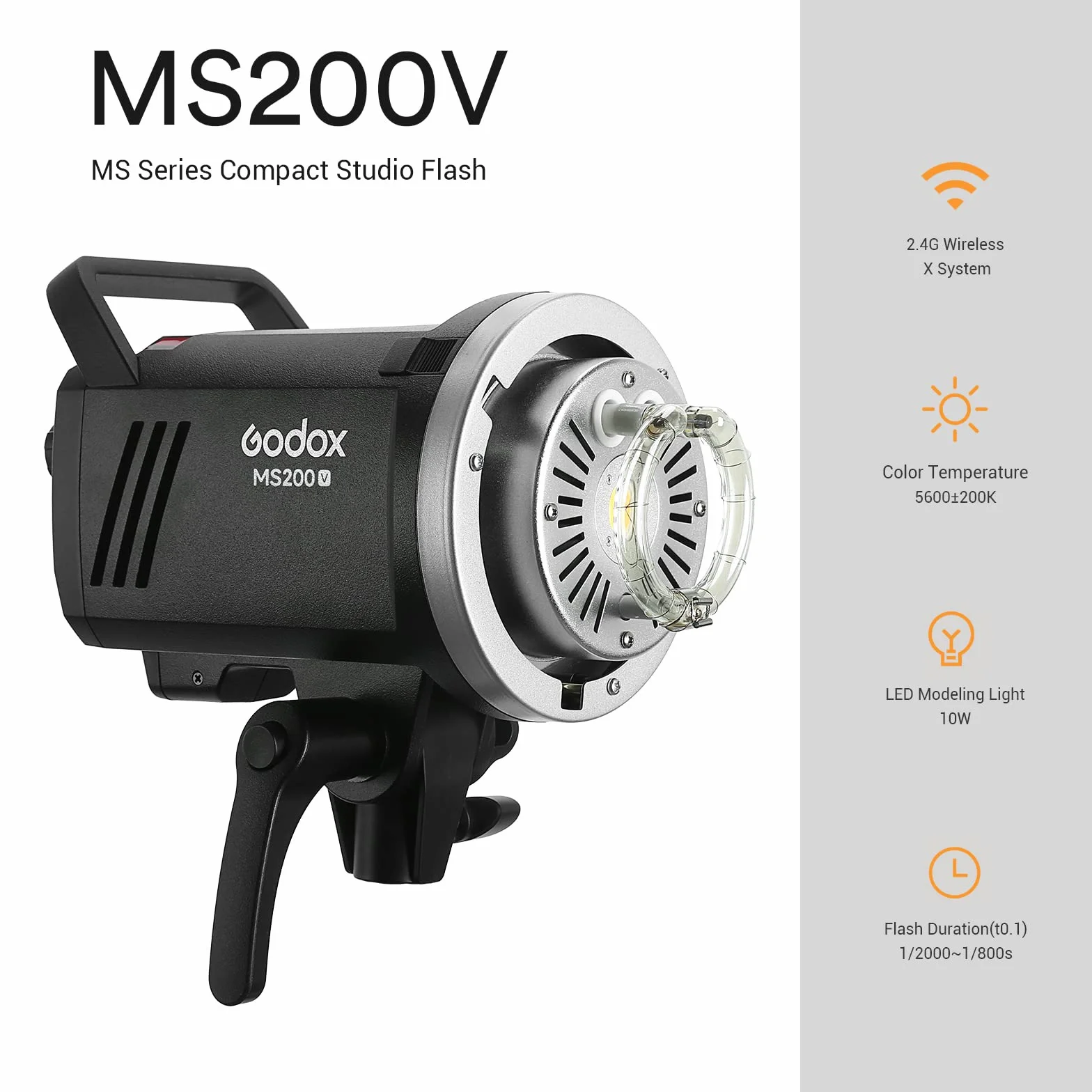 Godox MS200-V MS200V Flash da Studio 200W, GN53 5800K, Tempo di Ricarica 0.1-1.3s, Bowens Mount, sistema 2.4G X per Fotografia Illuminazione Portrai Monoluci Flash Light