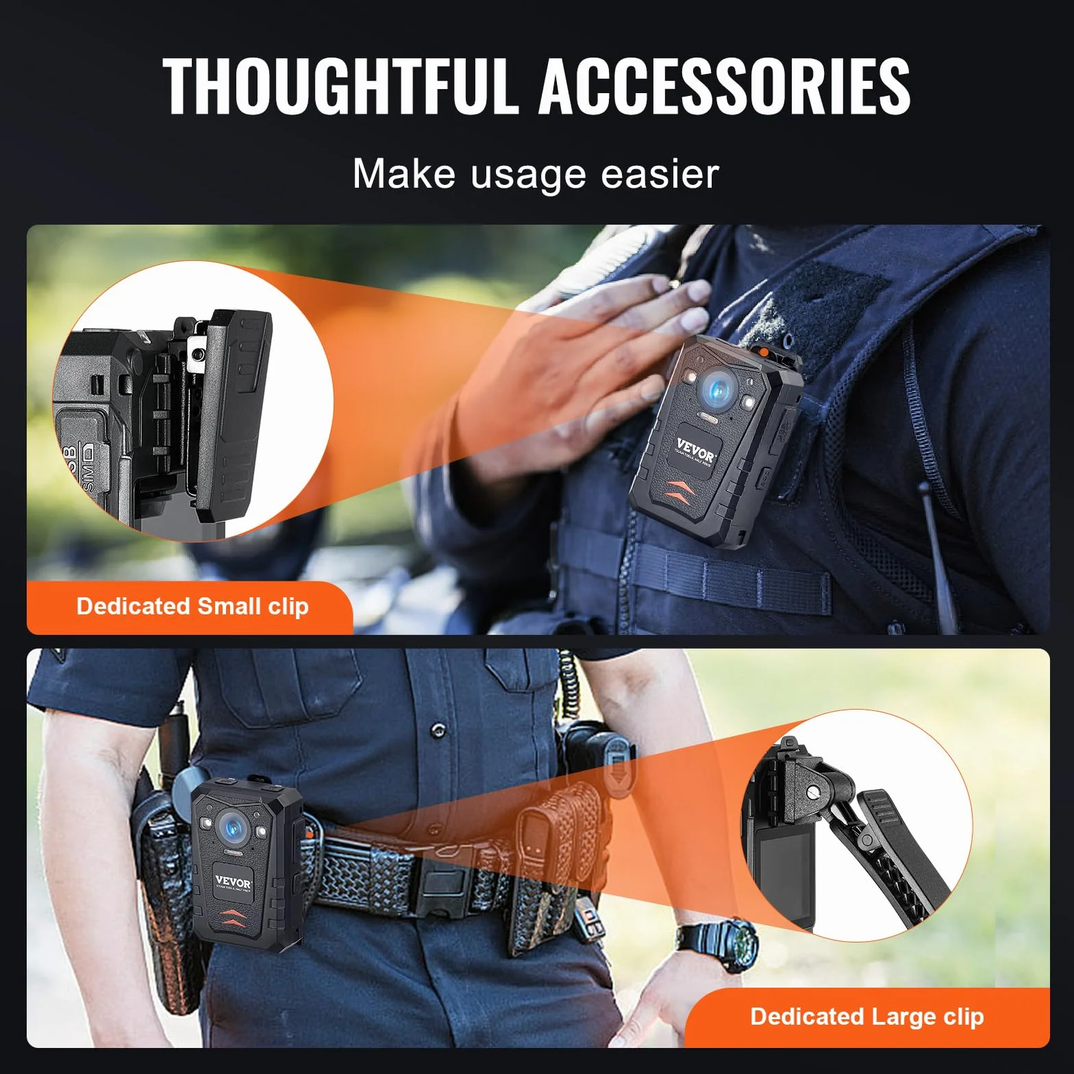 VEVOR Telecamera per Corpo della Polizia HD 1440P, 64 GB Audio Video, Batteria Integrata da 3500 mAh, LCD 5 cm, Visione Notturna Infrarossi, Telecamera Corpo Personale Impermeabile Forze dell'Ordine