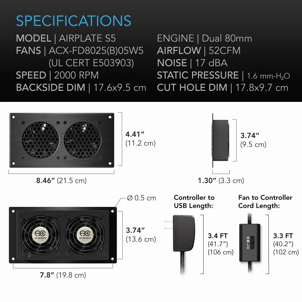 AC lnfinity - AIRPLATE S5, sistema di raffreddamento silenzioso con controllo della velocità, per raffreddamento mobiletto AV Home Theatre