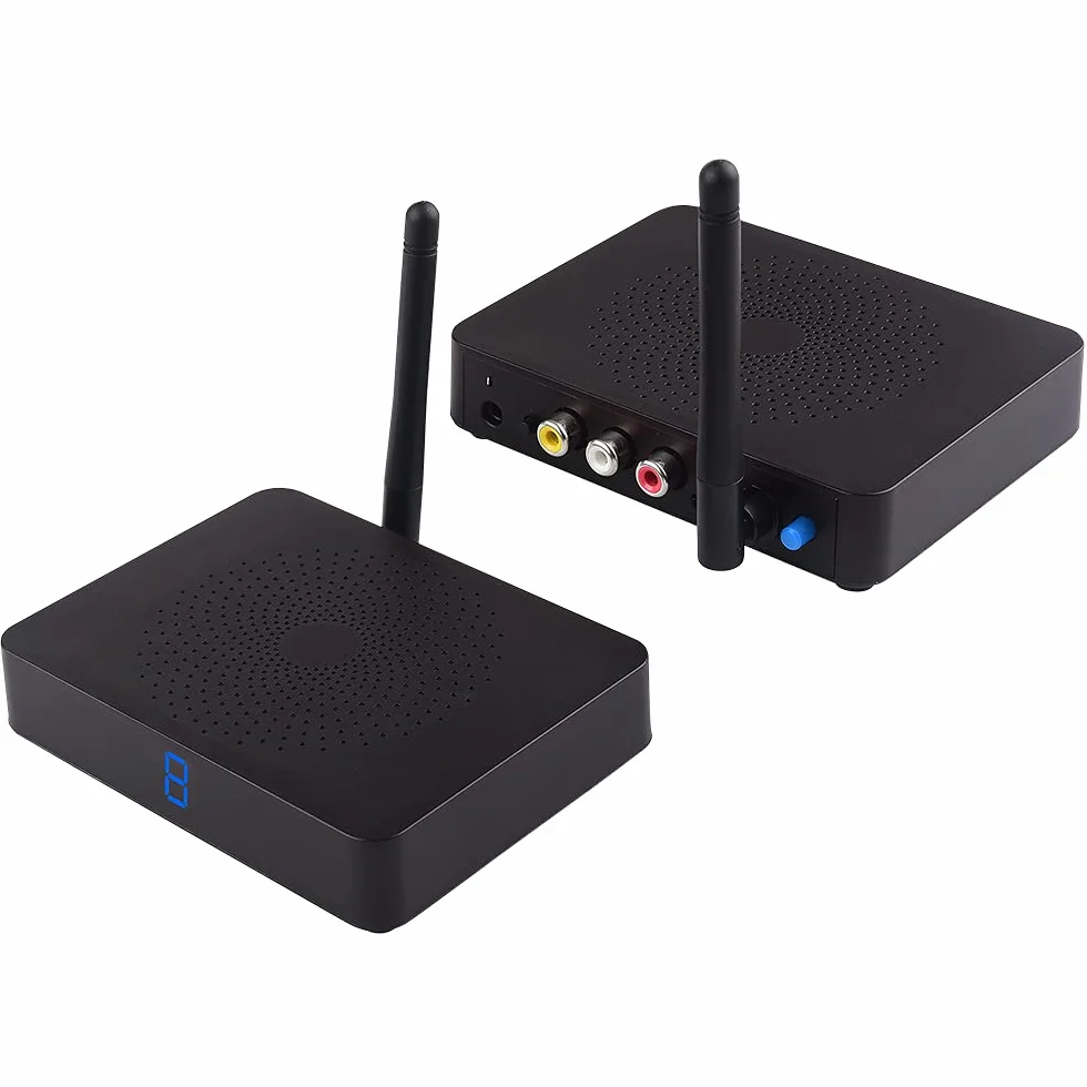 Trasmettitore e ricevitore audio wireless 2,4 GHz 8 canali RCA 480P mittente con estensione remota IR per cavo streaming, satellite, DVD a TV senza fili (MT-RCA20)