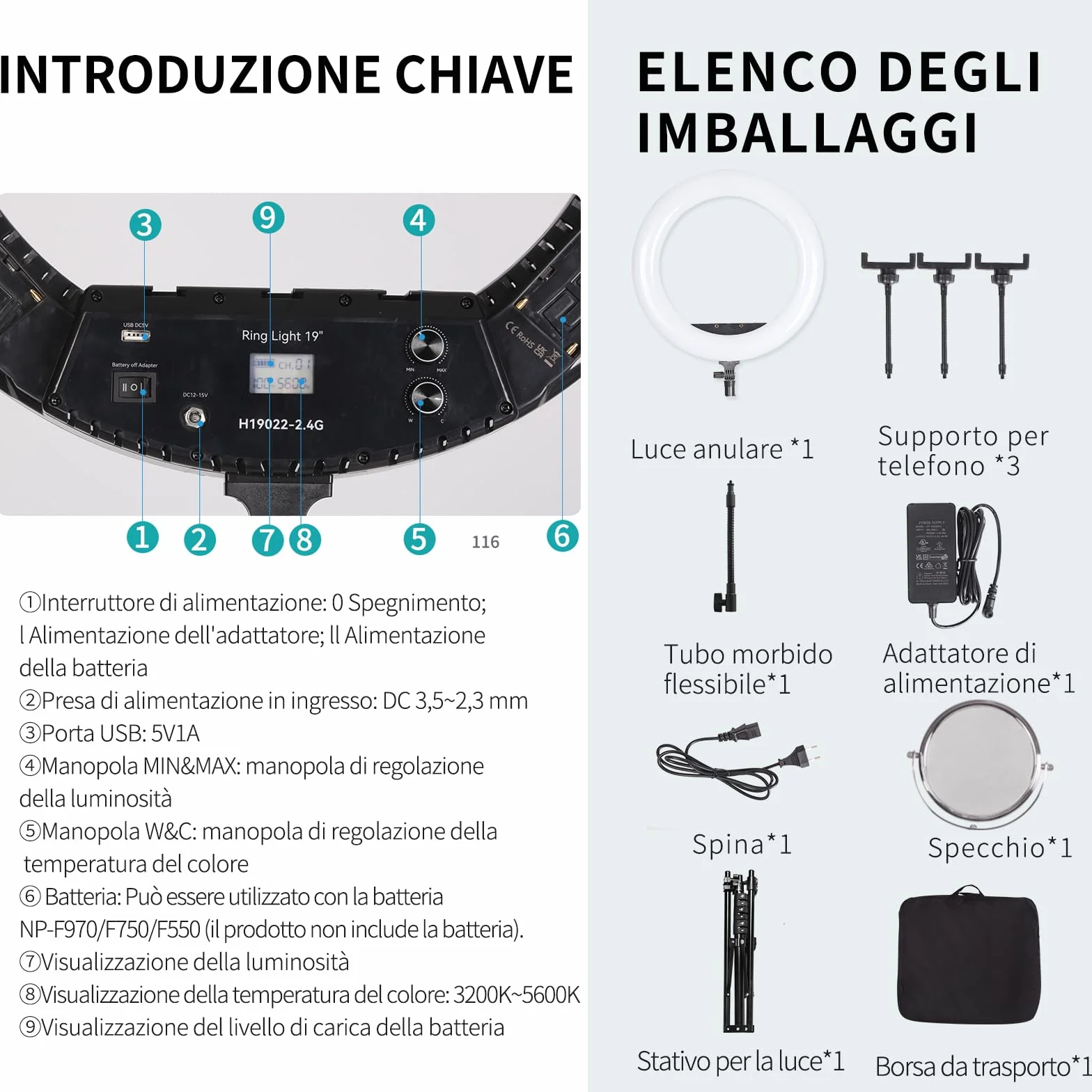 19" LED Luce Anulare Kit con Stativo, Specchio e Supporto per Telefono per La Fotografia in Studio, Ritratto, Selfies, Live Streaming, Registrazione Video, Riempimento Trucco di Bellezza