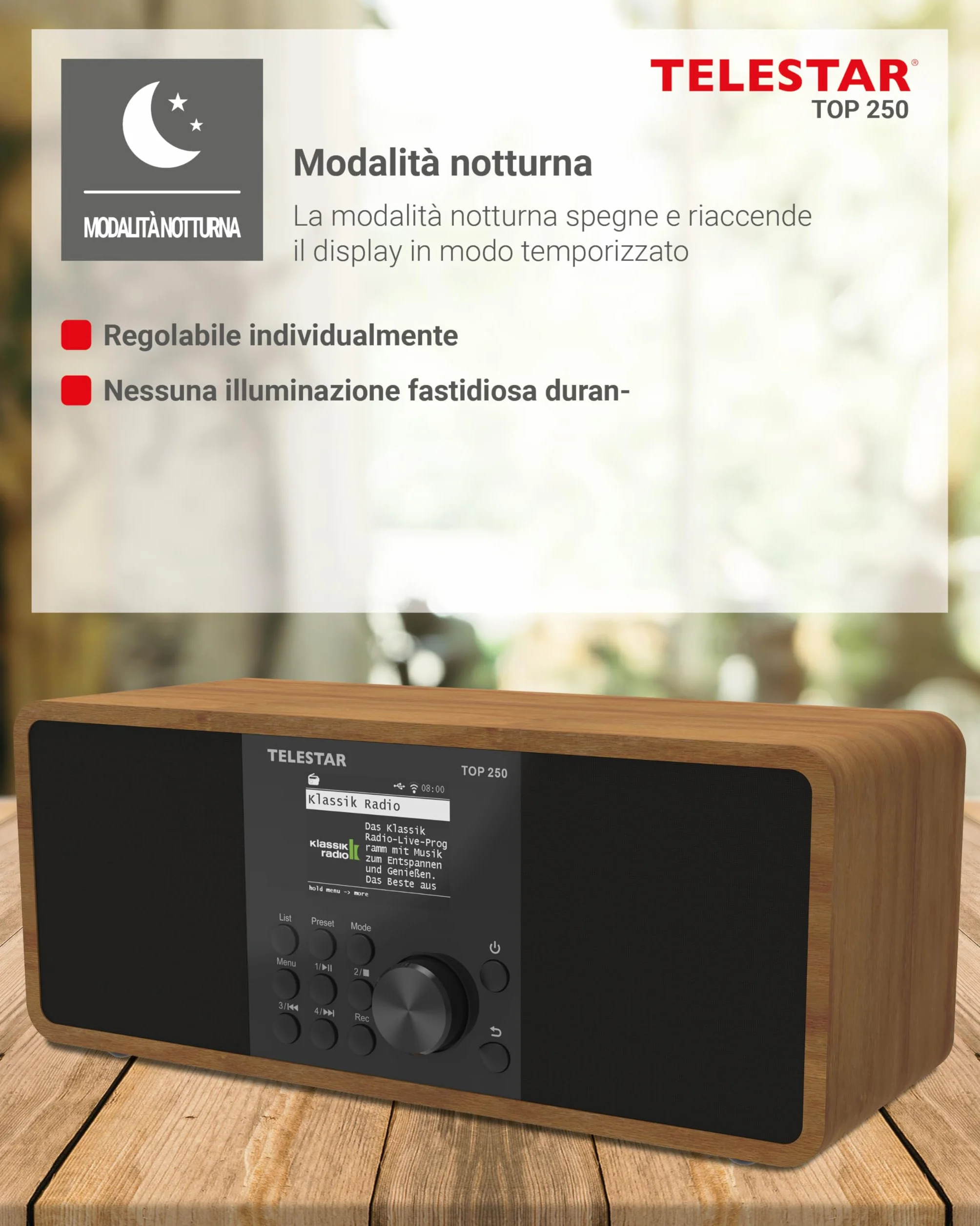 TELESTAR TOP 250 Radio DAB+ Internet Bluetooth Audio-Streaming 2x10W USB registrazione Legno