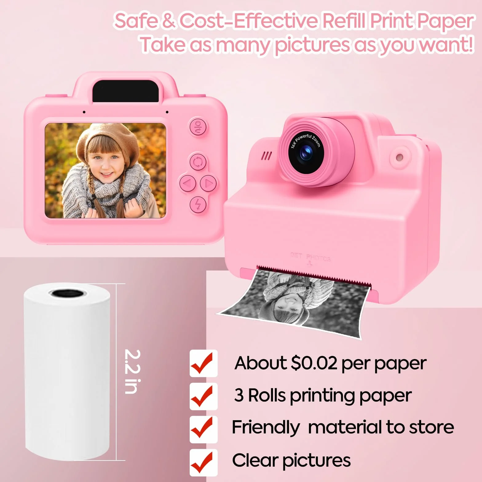 Fotocamera istantanea per bambini, con scheda SD e carta da stampa, 1080P, fotocamera digitale per bambini, regalo di compleanno di Natale, per ragazzi e ragazze, 3-12 anni (rosa)