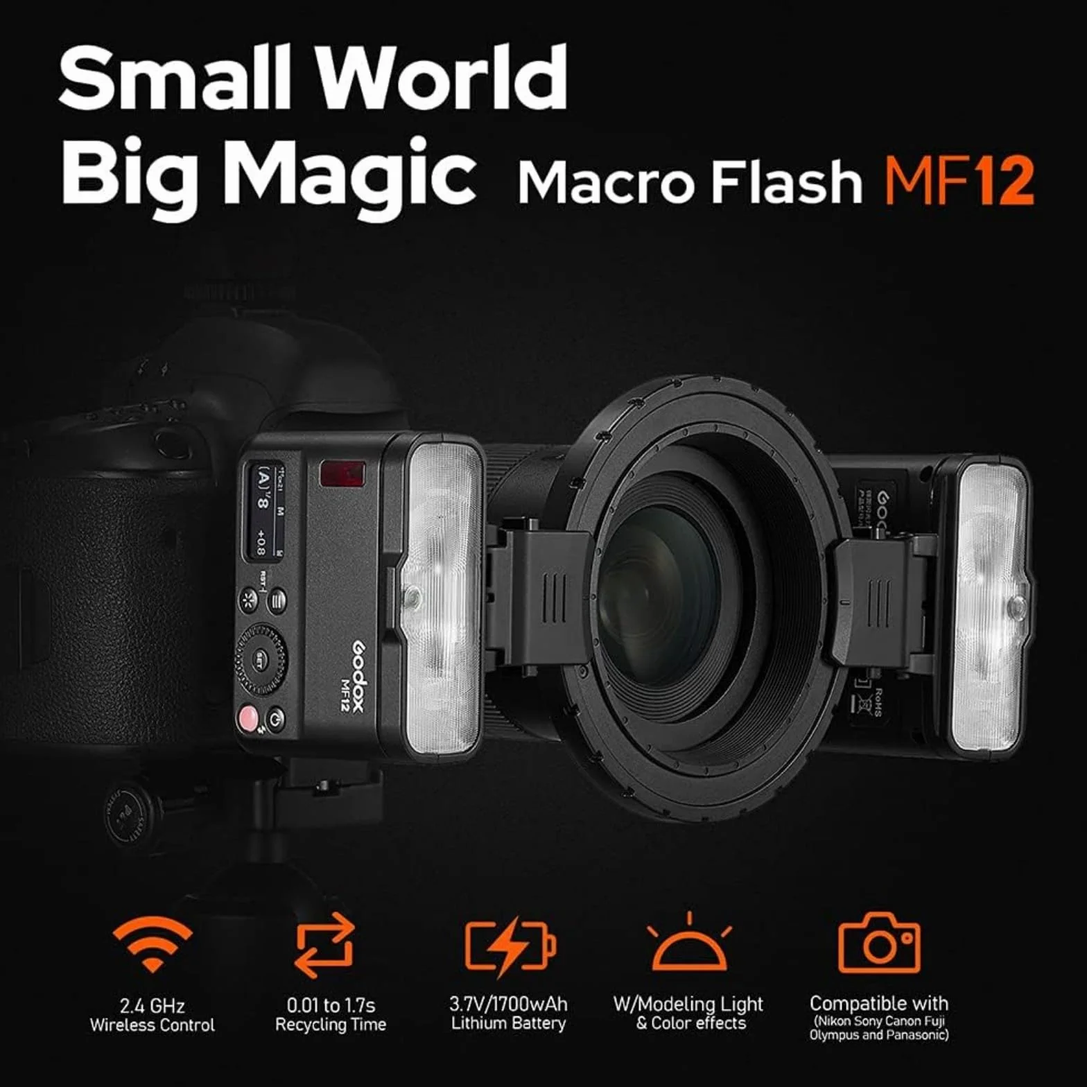 Godox MF12 Kit2 Flash Macro TTL Anello Wireless 2,4GHz con Batteria Integrata, 500 Flash a Potenza Piena, Potenza 1/128–1/1, Filtri Inclusi, Compatibile con Canon Sony Nikon Fujifilm Olympus Panasonic