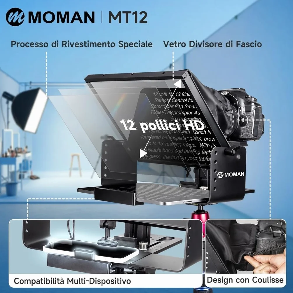 Moman MT12 Teleprompter 12.9 Pollici, Prompter Portatile con Telecomando APP e Controllo Remoto, Compatibile con iPad, iPhone, Tablet, Smartphone, Fotocamera DSLR (Supporto Metallico Regolabile)