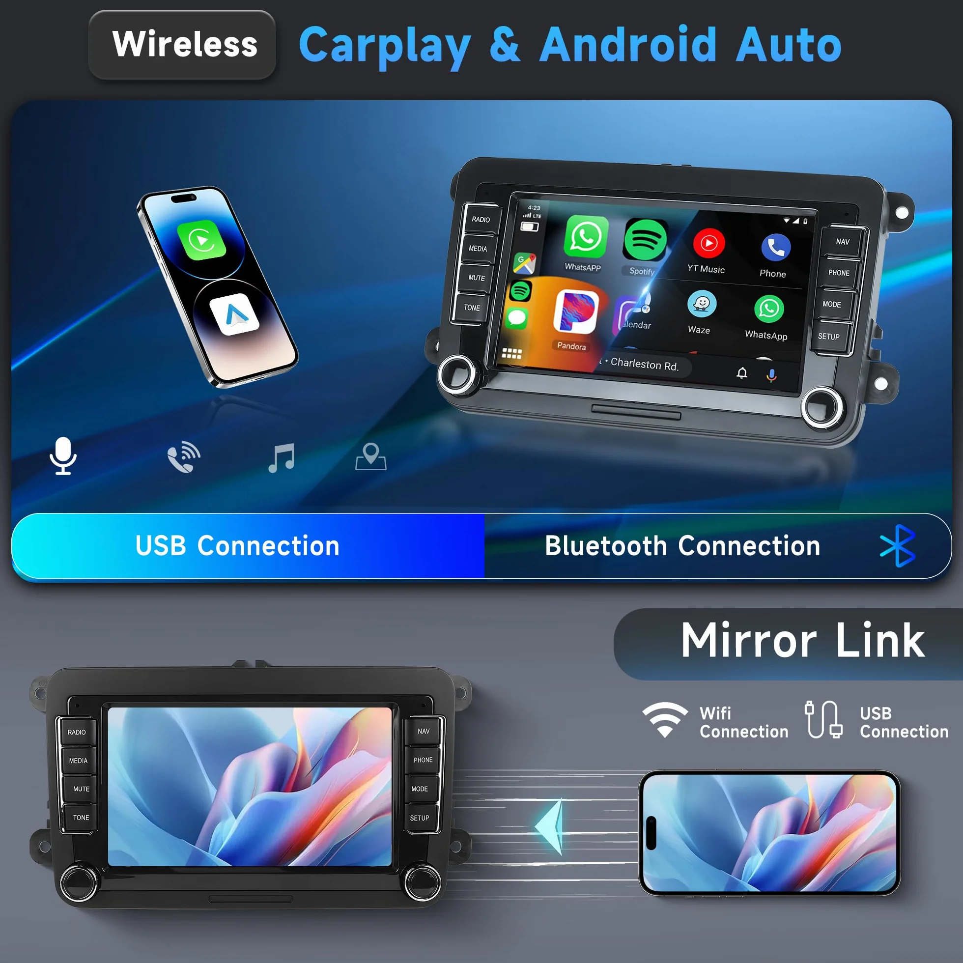 2G+64G Android Autoradio per VW Golf 5 6 Passat Polo Tiguan Touran Caddy Skoda Seat 7 Pollici Wireless Carplay Autoradio con Android Auto GPS Navi WiFi Bluetooth FM/RDS Telecamera Posteriore
