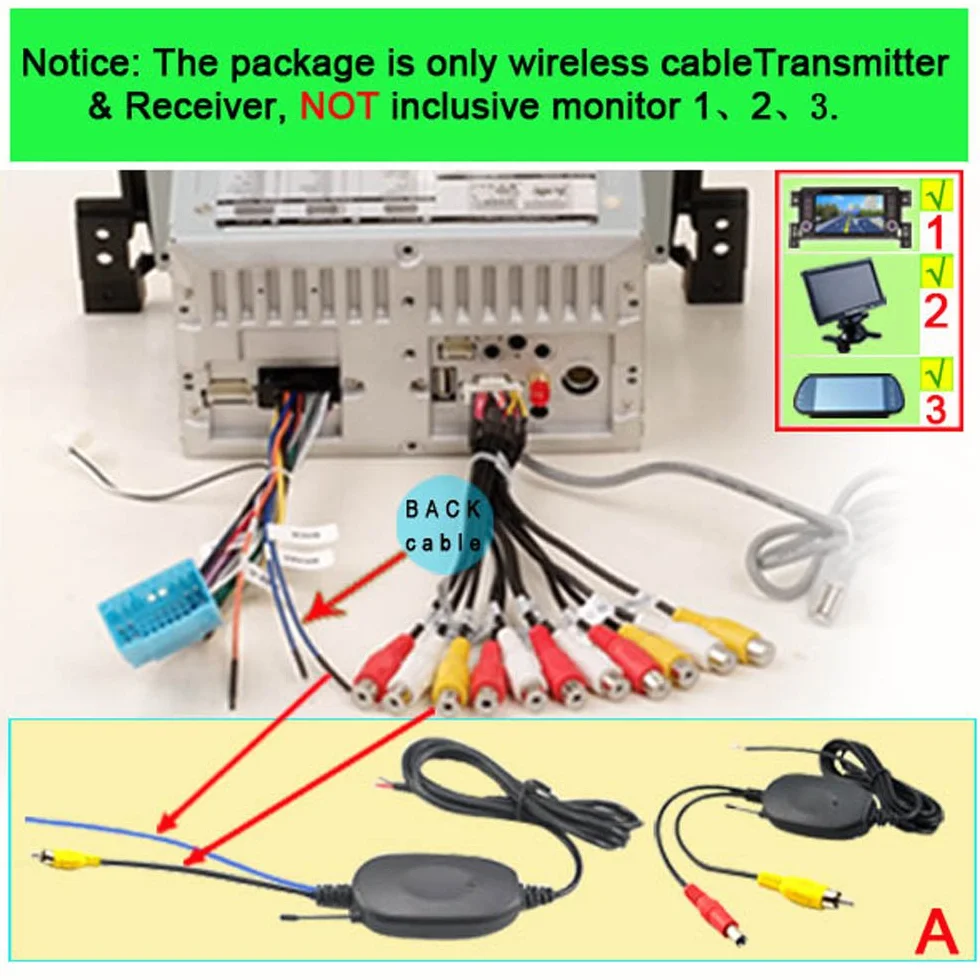 2.4 GHz Wireless Video Car Rear View Camera RCA Video Trasmettitore Ricevitore Kit per auto Telecamera retrovisore Monitor Ricevitore Cam DVD GPS Car Radio Player Module Adapte Trigger