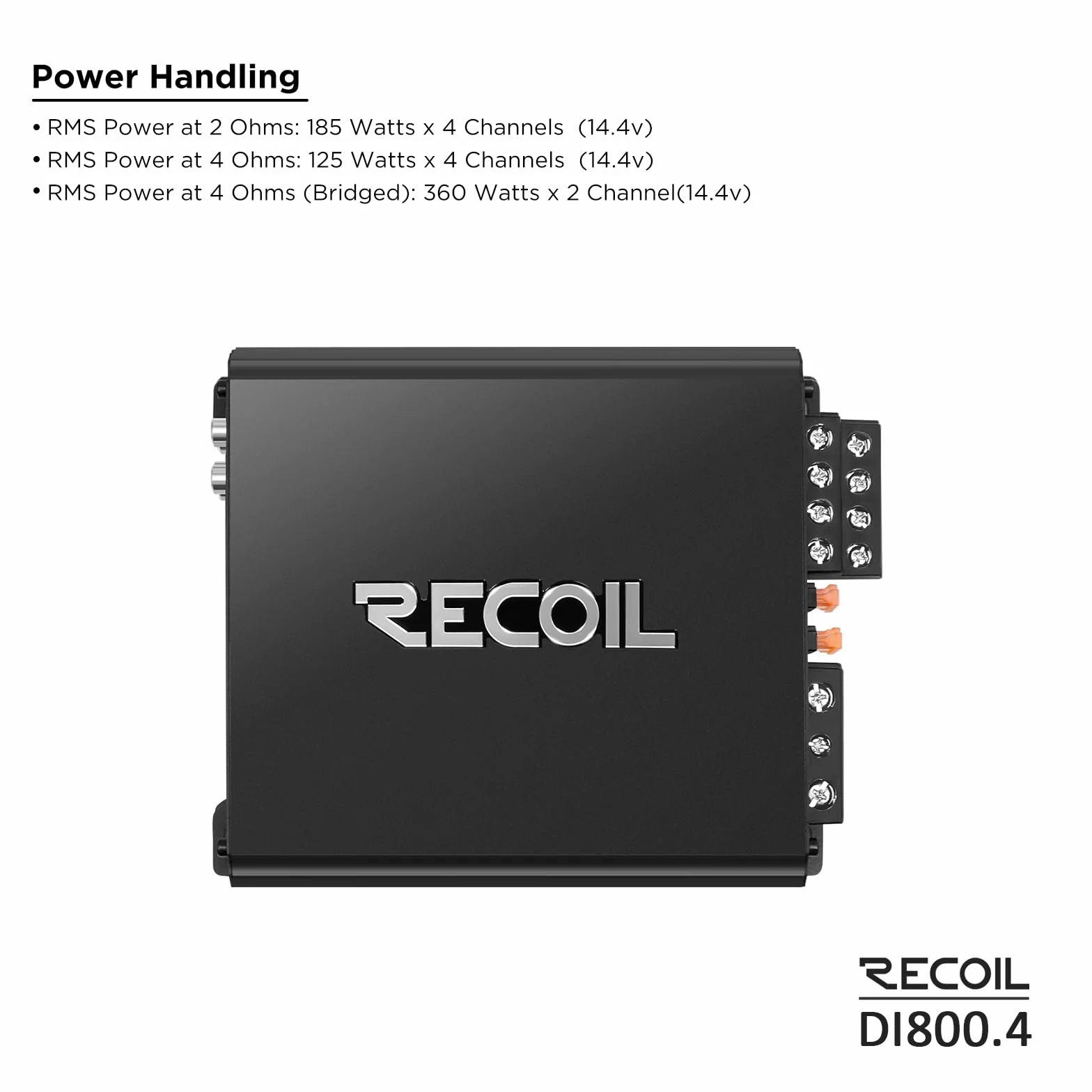 Recoil DI800.4 amplificatore audio per auto a 4 canali in classe D a gamma completa , 1500 watt, 2-4 Ohm stabili, alimentazione a Mosfet, collegabile a ponte