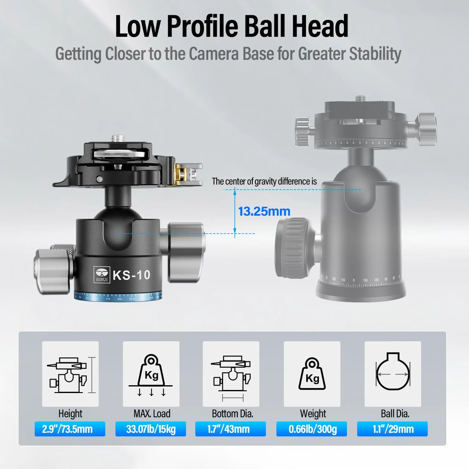 SIRUI KS-10 Testa a Sfera per Treppiede, Testa a Sfera a Basso Profilo da 29mm, Testa Panoramica a 360° in Alluminio per Fotocamera DSLR, Videocamera, Treppiede, Monopiede, Carico Massimo 15kg