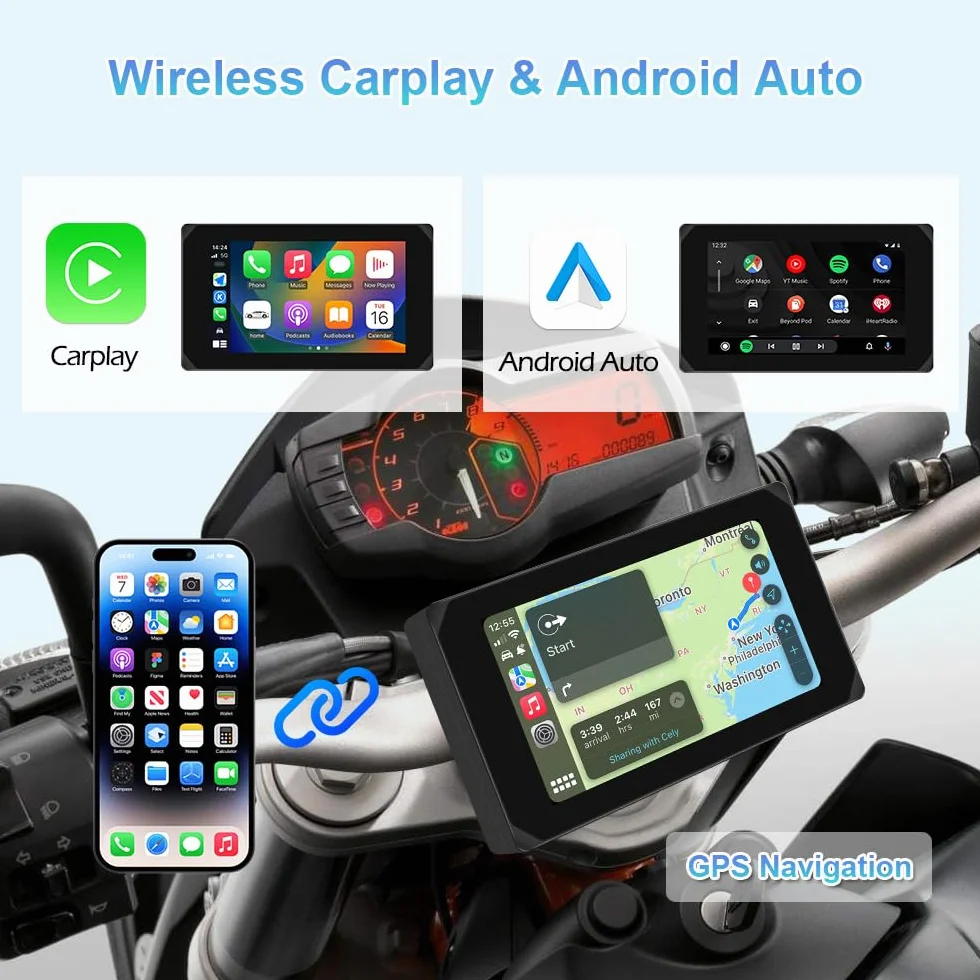 VSYSTO 5 Pollici motocicletta Carplay Touchscreen, Wireless Carplay e Android Auto,Navigazione GPS,sensori di pressione pneumatici,WiFi motocicletta Dash Camera 1080P fotocamera anteriore e posteriore