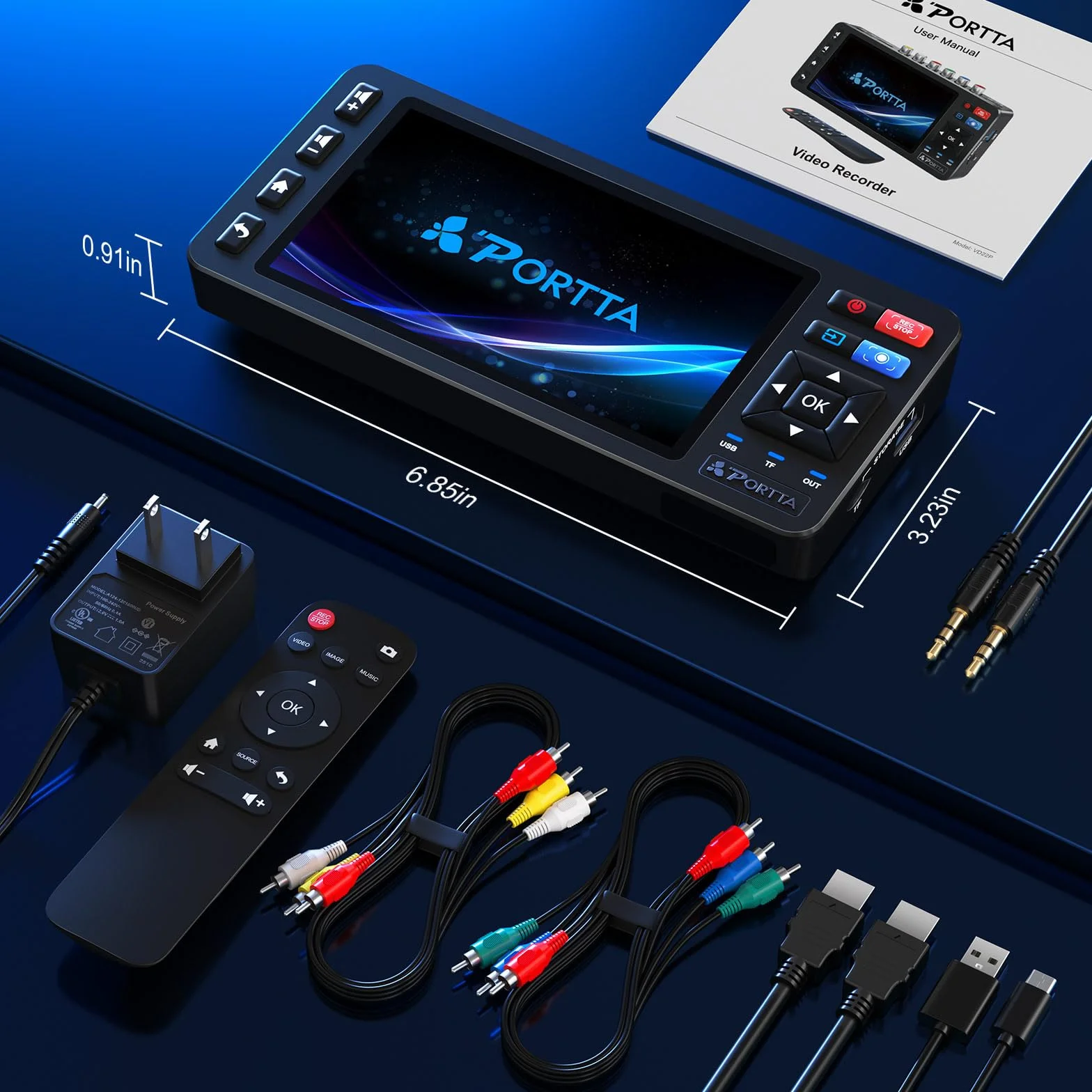 Convertitore da VHS a digitale Portta VD22P con schermo HD da 5", registratore video, conversione in MP4, compatibile con VHS, Hi8, Mini DV, console di gioco (richiede lettore VHS/DVD/videocamera)
