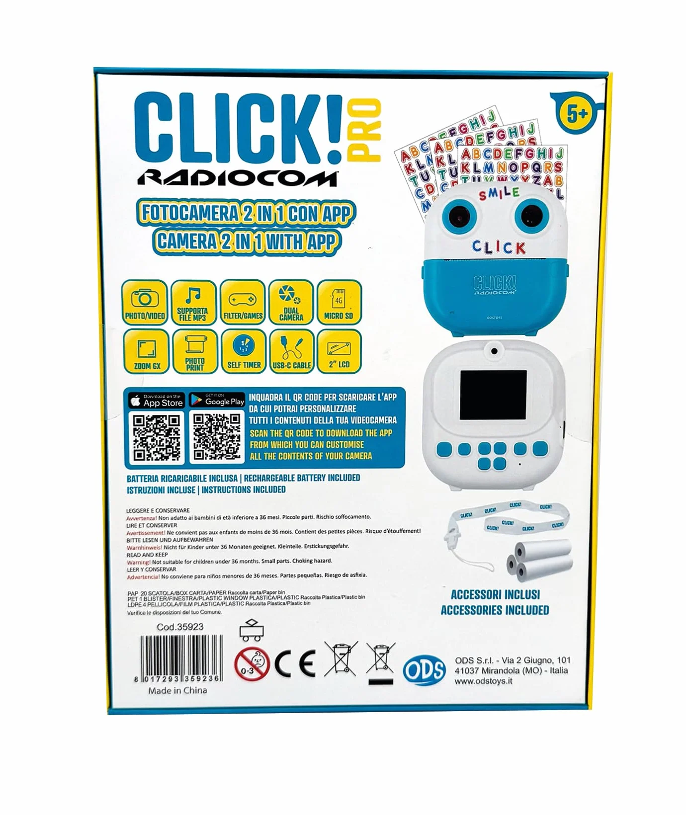 Click! 4 - Fotocamera istantanea per bambini - Doppia fotocamera - Stampa foto e disegni da App - Video 1080p - Zoom 6x - Giochi - MP3 - Display 2" LCD - microSD 4GB - Accessori inclusi