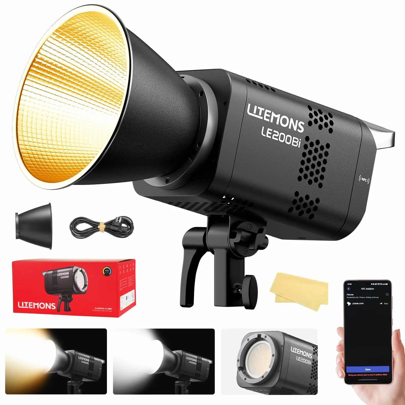 Godox Litemons LE200Bi LE200 Bi Luce Continua a LED Video Light 220W 2800K~6500K 57700 Lux/1 m TLCI/CRI≈98 Controllo Bluetooth 11 Effetti FX Attacco Bowens Videolight per Vlogging,YouTube (nero)