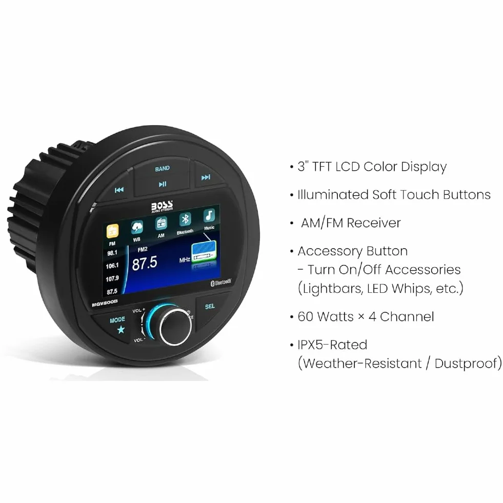 KIT SET PER BOSS AUDIO SYSTEMS MGV500B, 1 stereo marino ricevitore AM/FM, gauge digital media receiver, bluetooth integrato, waterproof, 1 pezzo + accessori