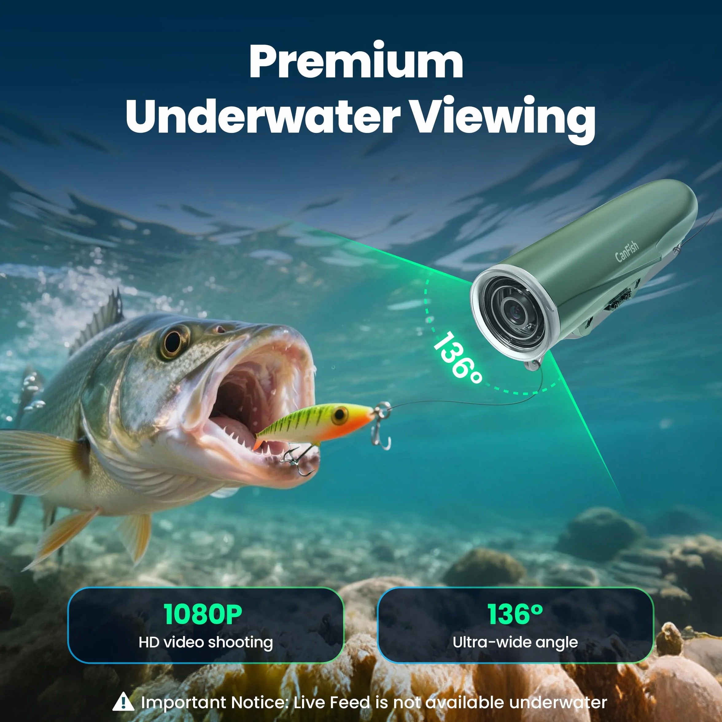 Fishing CamX - Telecamera da pesca / Finder/CanFish, HD 1080P e 136° ultra-grandangolare, impermeabile ROV da 1080 m, rilevamento del movimento, registrazione intelligente segmentata, ricarica