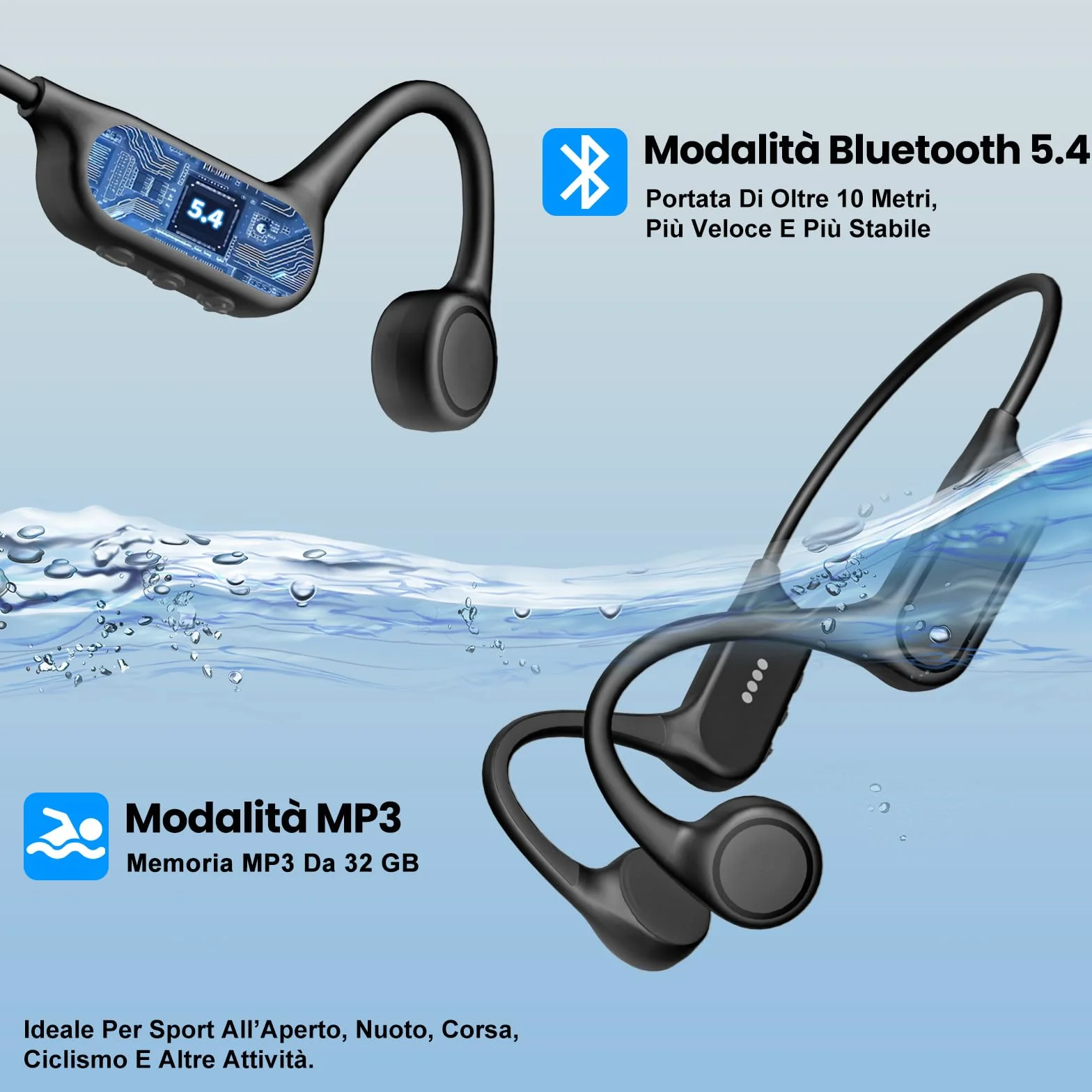MANKIW Cuffie Nuoto Conduzione Ossea IP68, Auricolari Bluetooth 5.4 con 32GB MP3, Open Ear Impermeabili per Nuoto, Sport