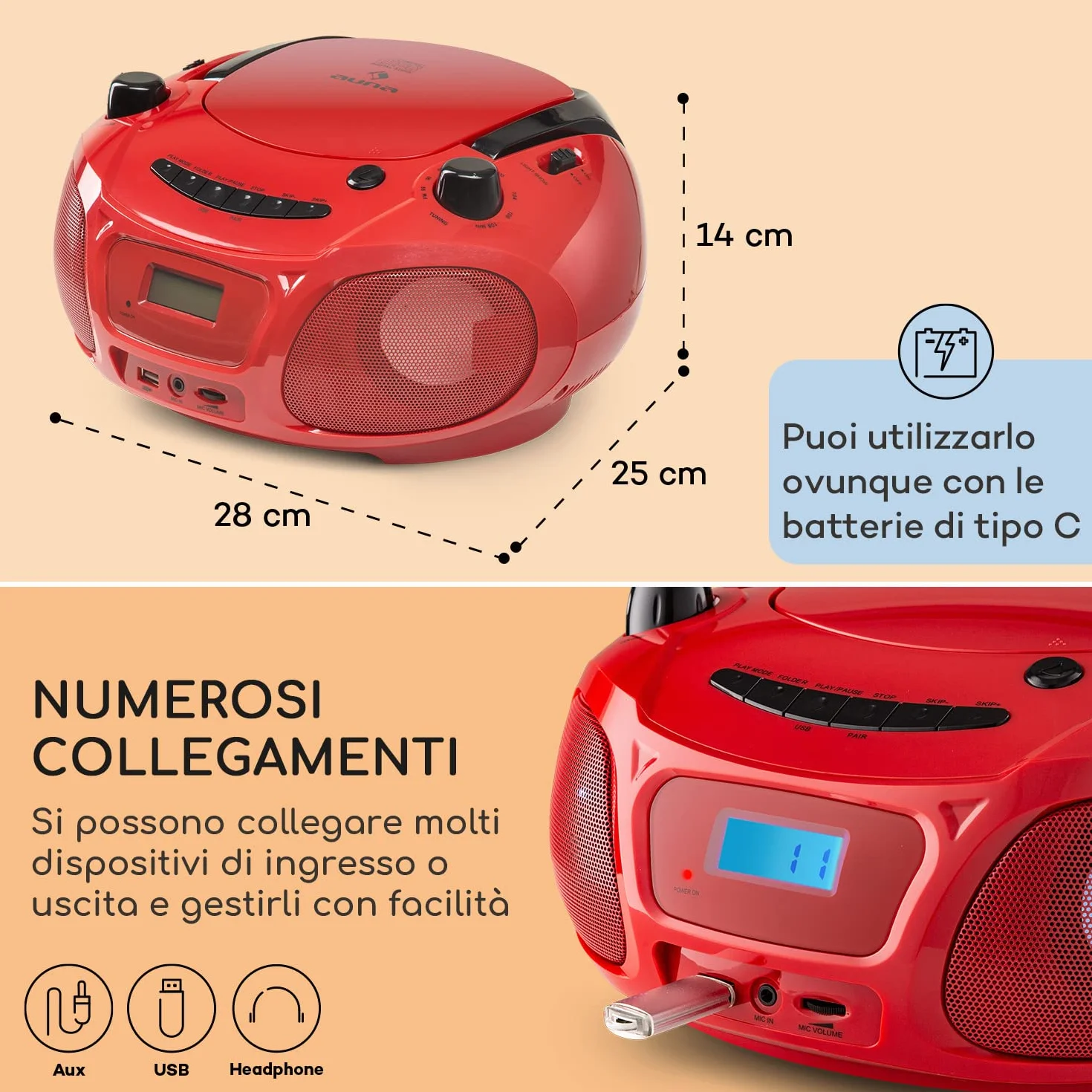 Auna Portatile Bluetooth con Lettore CD, Boombox 3W, Radio FM Stereo, AUX, Display a LED, USB, Bluetooth 5.0, MP3, Ricaricabile Vintage
