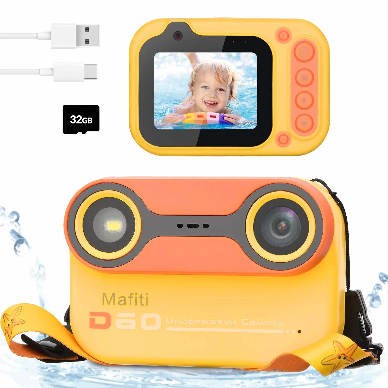 Mafiti Kids Fotocamera digitale impermeabile Fotocamera subacquea per snorkeling e immersioni con display IPS da 2,4" Fotocamera digitale ricaricabile tramite USB (Arancione)
