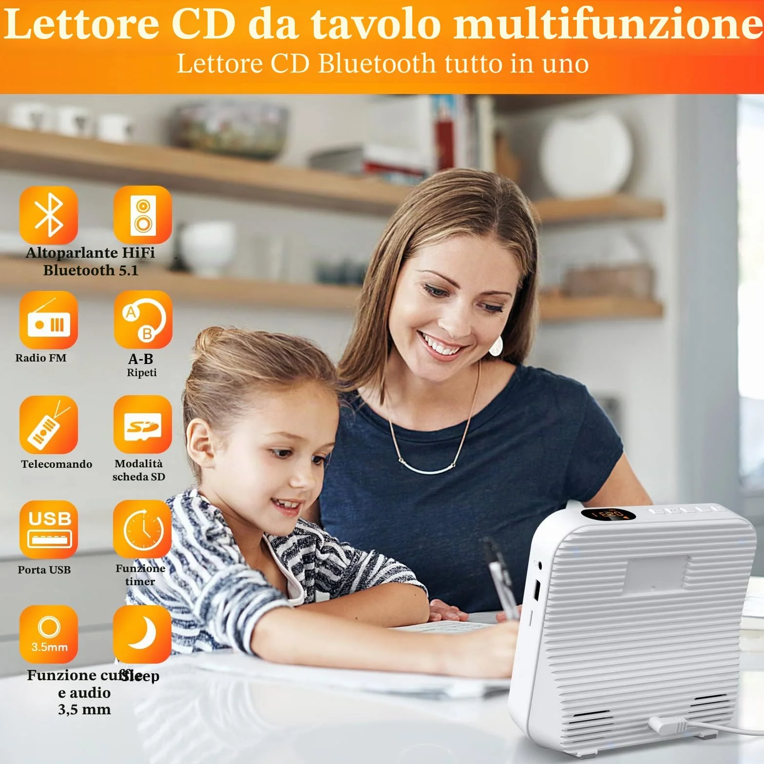 Lettore CD Bluetooth 5.1 Lettore CD da tavolo con 5W Doppi Altoparlanti Luce Telecomando Copertura Della Polvere Display FM Radio Timer Cuffie USB/SD Card/AUX Playback