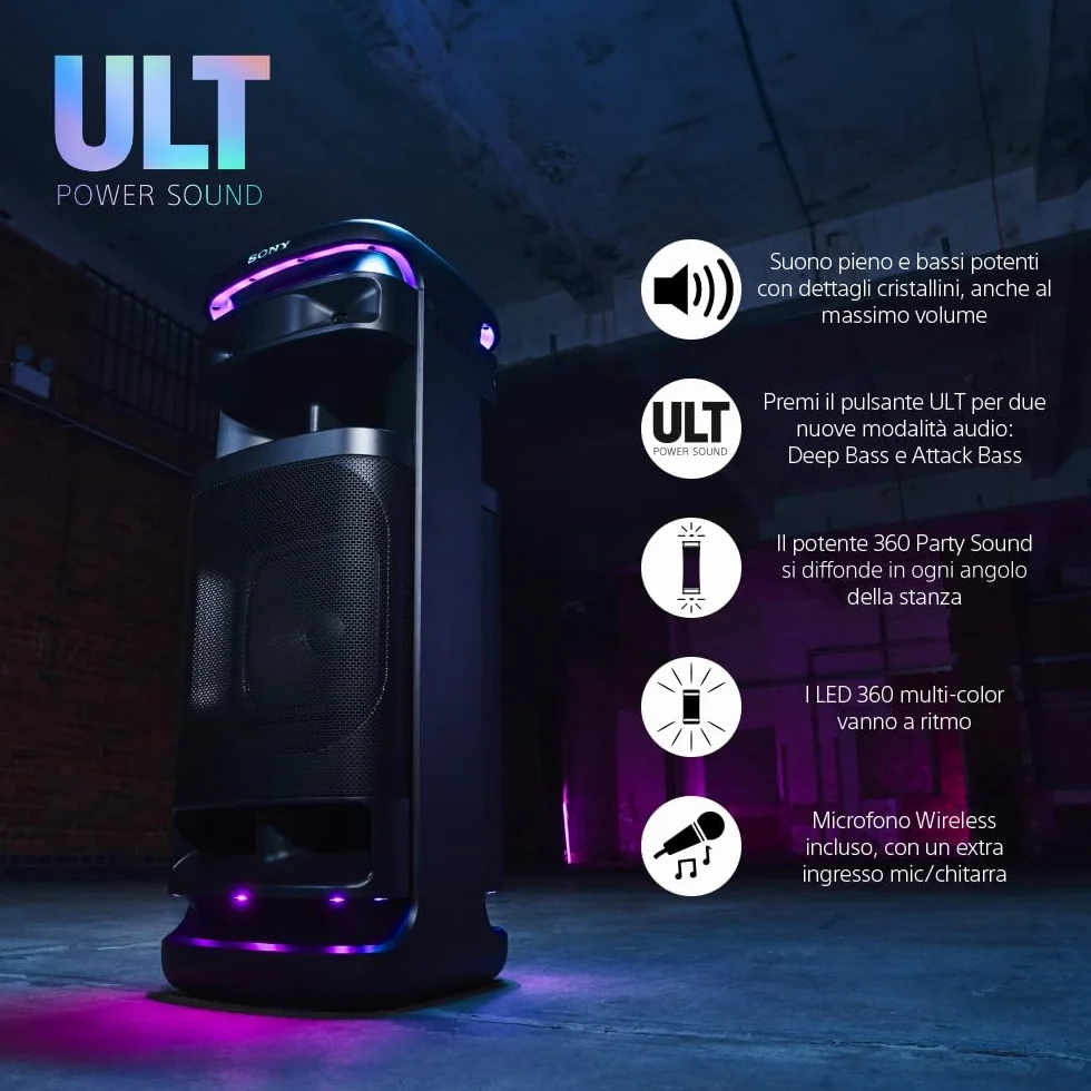Sony ULT TOWER 10 - Altoparlante Bluetooth per feste con ULT POWER SOUND, bassi profondi, altoparlanti X-Balanced, luci a LED a 360 gradi, microfono wireless, portatile, con maniglia e ruote - Black