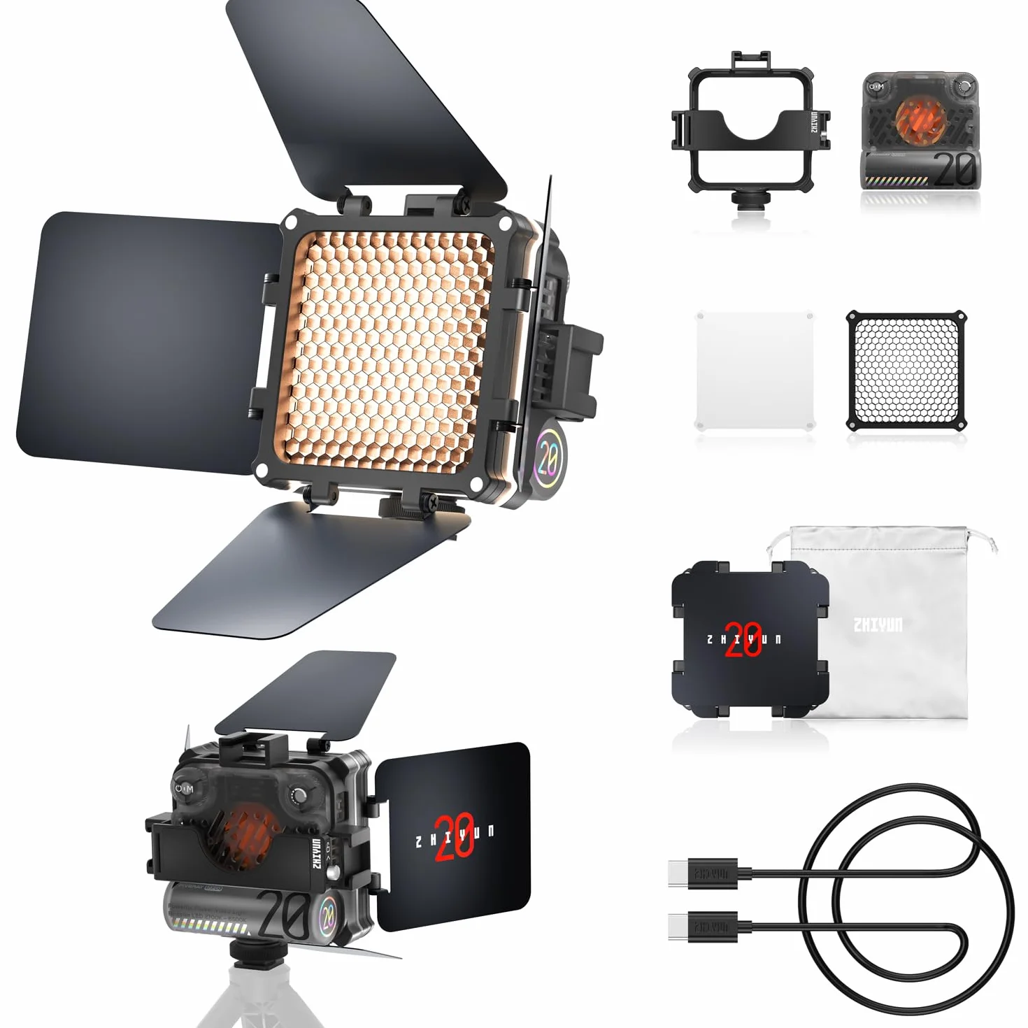 Zhiyun FIVERAY M20 Combo LED Fotografia Illuminazione Continua 20W Bicolore 2700K-6500K con diffusore porta magnetica CRI 95+ TLCI 97+