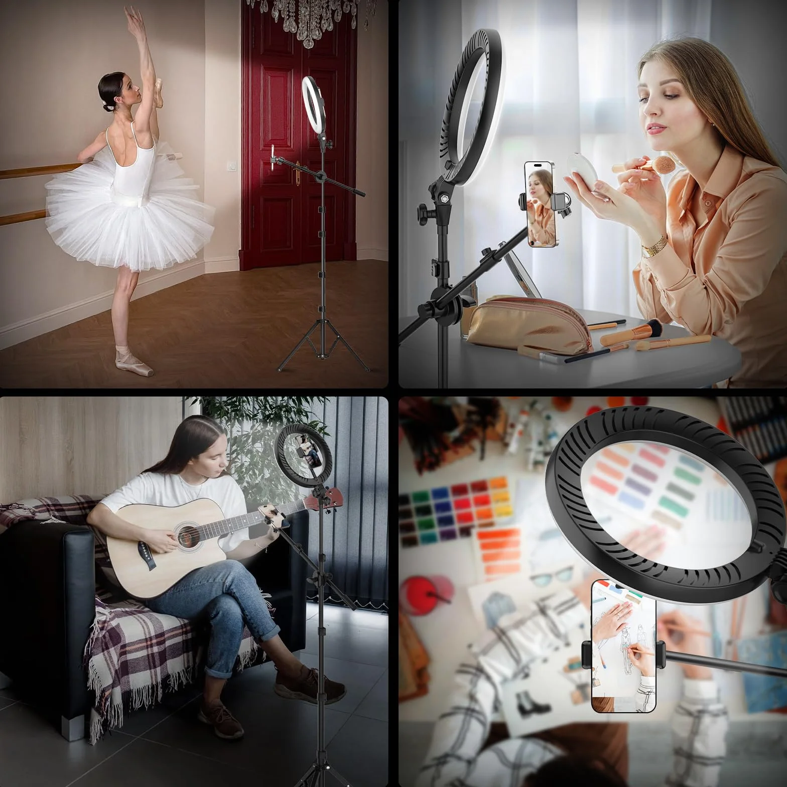 LUXSURE Ring Light con Treppiede 10,5" LED per Smartphone, Doppio Supporto 2 Telefoni, Braccio per Riprese dall'Alto