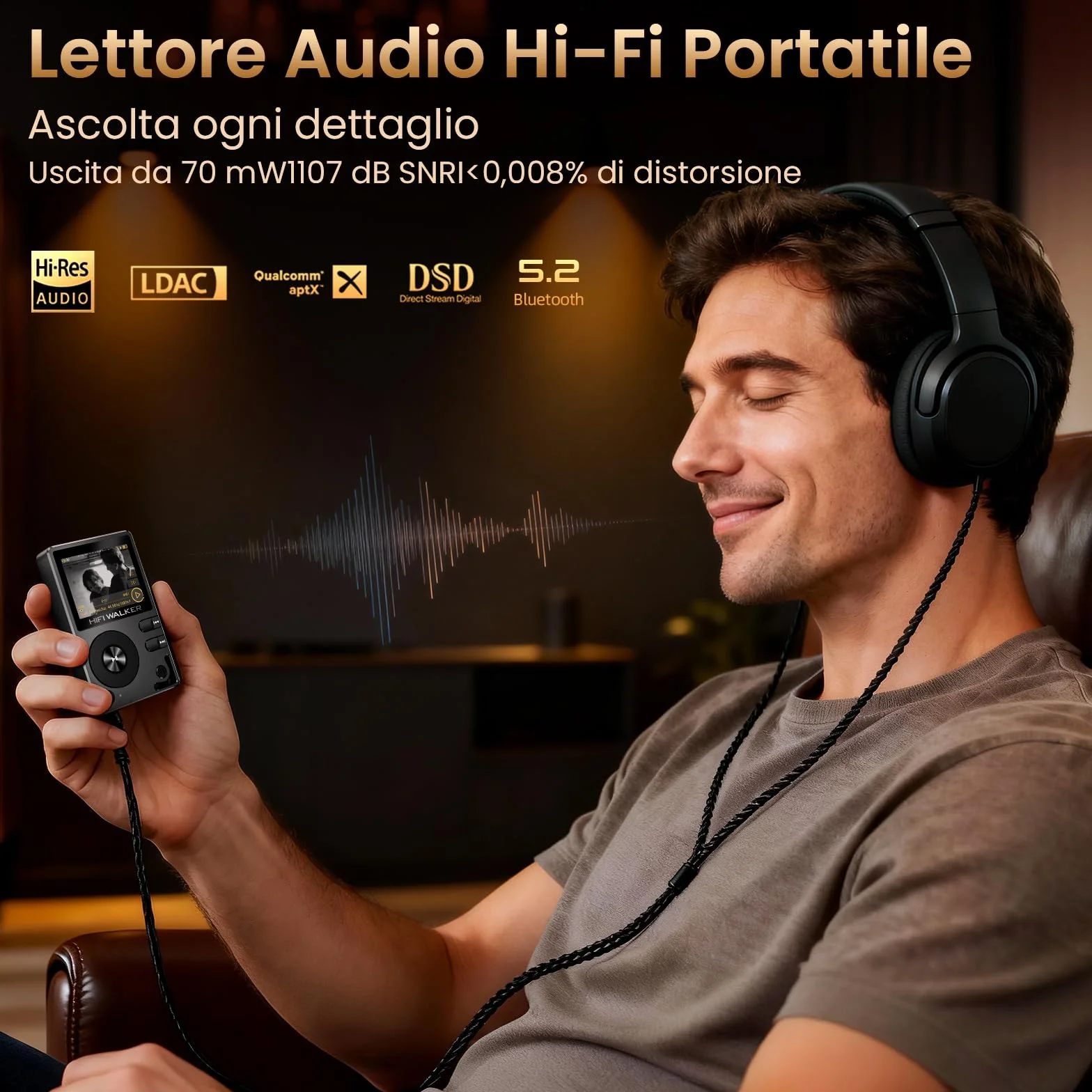 HIFI WALKER H2 Lettore MP3 Hi-Fi, Player Musicale Lossless con SD 64GB Inclusa, DAC ES9018K2M, Bluetooth 5.2 Bidirezionale, Schermo 2.0" con Tasti Fisici, Supporto DSD128, Lega di Zinco