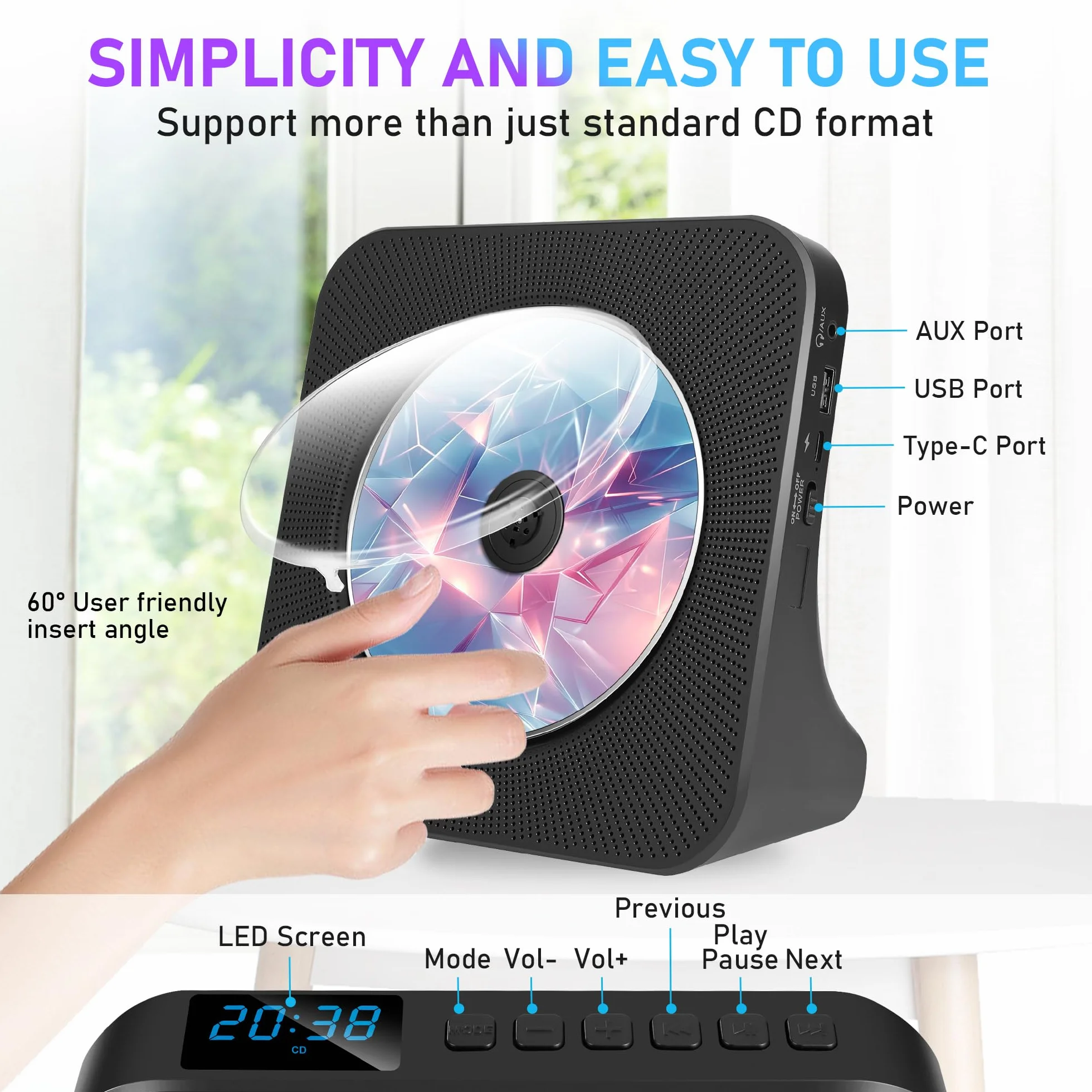 Lettore CD portatile con Bluetooth 5.0, lettore CD domestico con doppi altoparlanti stereo integrati, lettore musicale portatile per auto con Audio Boombox/AUX/USB