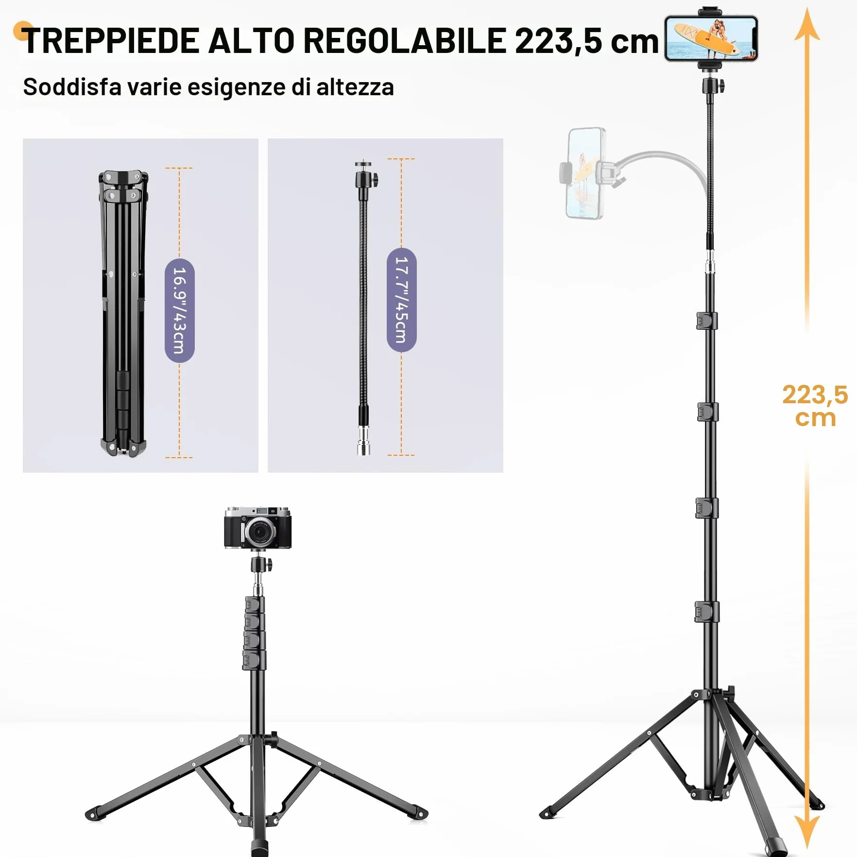 Victiv 224cm Treppiede Smartphone, Cavalletto per Smartphone con 35cm Collo D'oca & Telecomando, Tre Piedi per Telefono, Alluminio Treppiede Fotocamera Treppiedi per iPhone 17/16/15/14/13/12 Pro Max