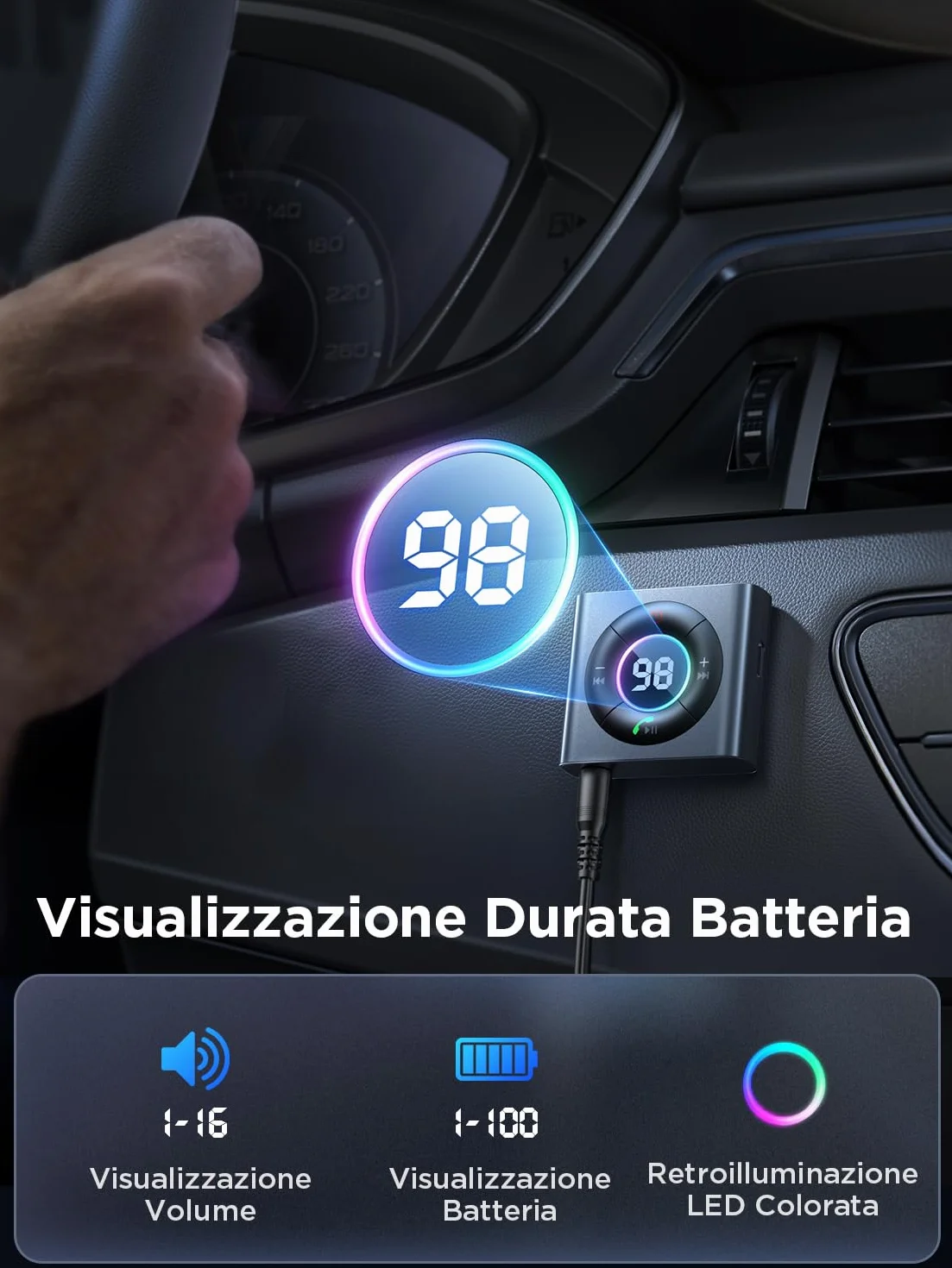 JOYROOM Ricevitore Bluetooth 5.4 Auto Bass Stereo, Jack Aux 3,5mm Chiamate in Vivavoce, 26 Ore Autonomia