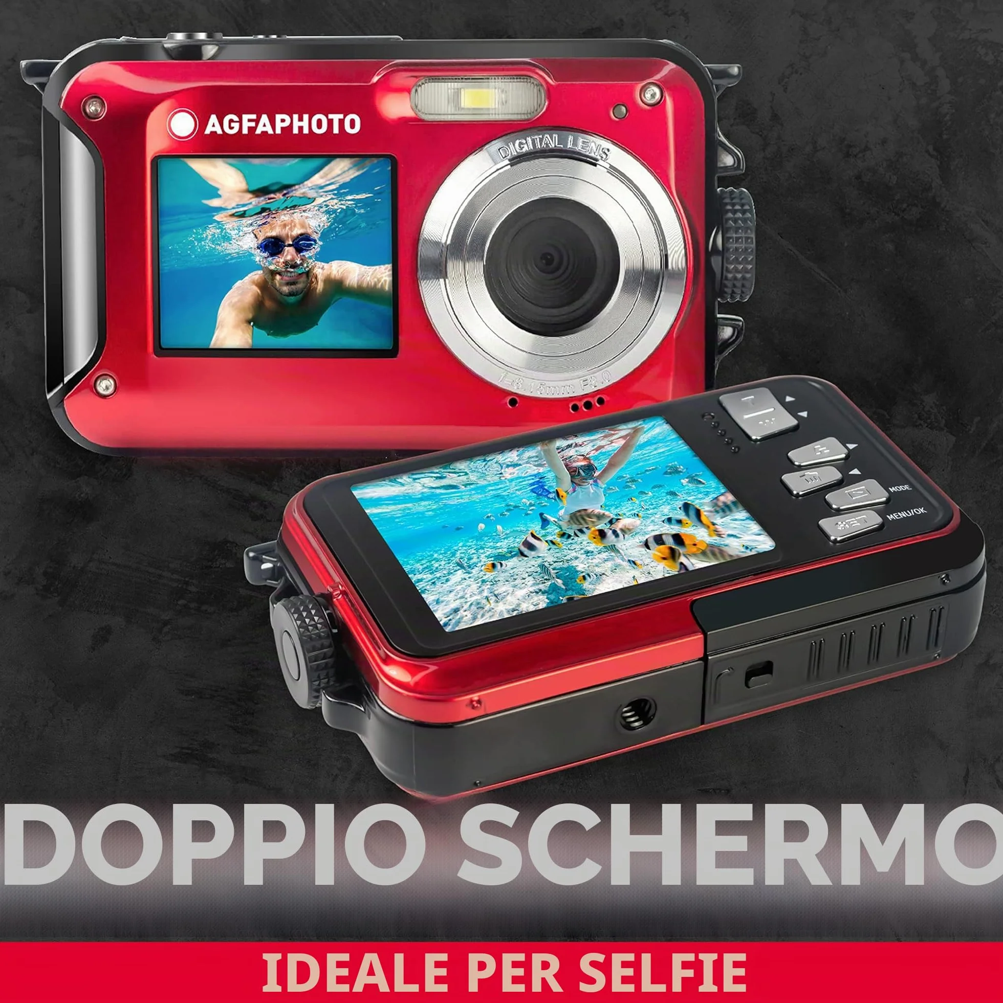 AGFA PHOTO Realishot WP8000 - Fotocamera Digitale Impermeabile, 24 MP, Video Full HD, Doppio Schermo LCD, Zoom Digitale 16x, Stabilizzatore Digitale, Batteria al Litio - Rosso