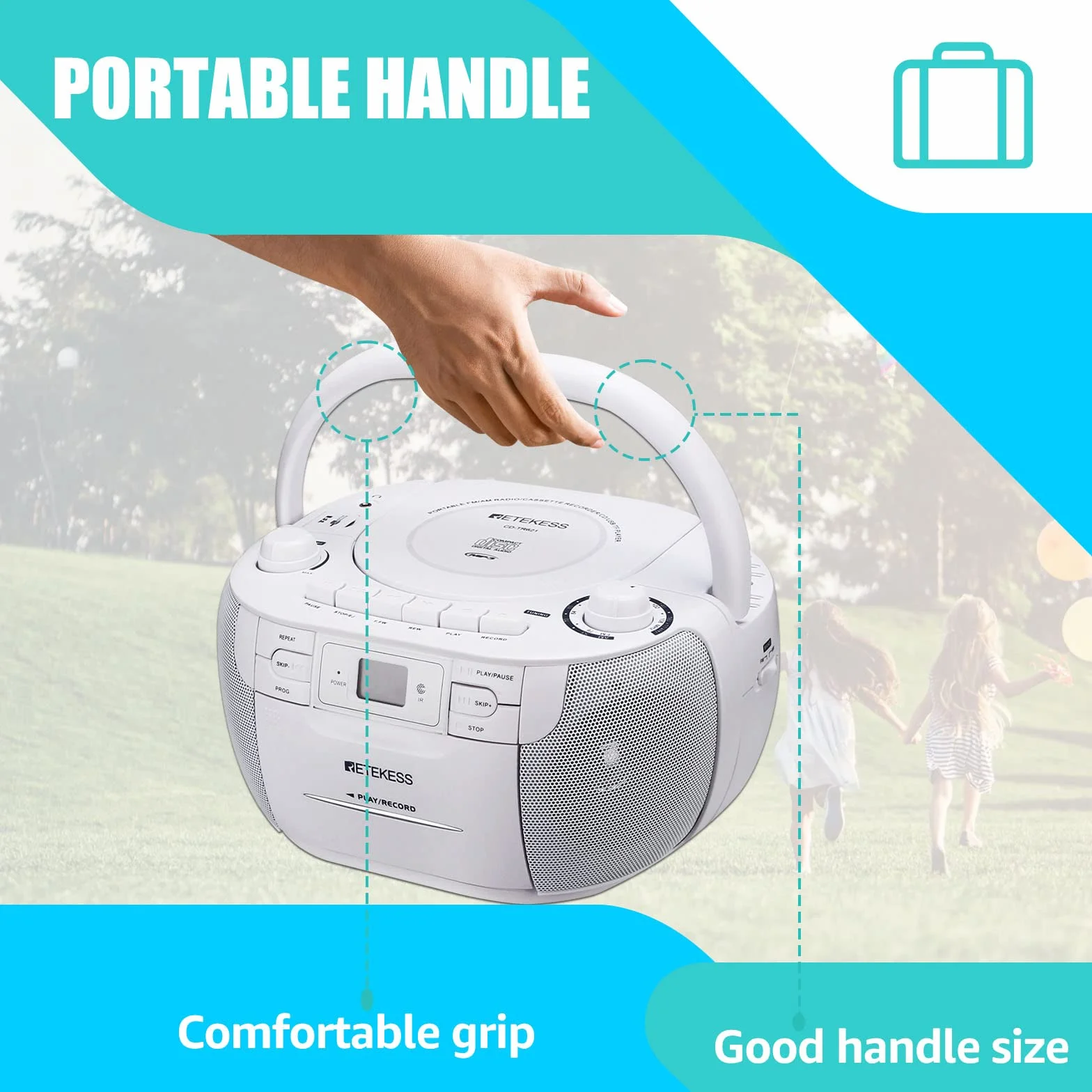 Retekess TR621 Lettore CD Boombox Portatile, Radio con Lettore CD, AM FM Radio, Supporto USB TF, con Telecomando, AC o Alimentato a Batteria, Accompagna la Famiglia e Gli Amici, Regalo(Bianco)