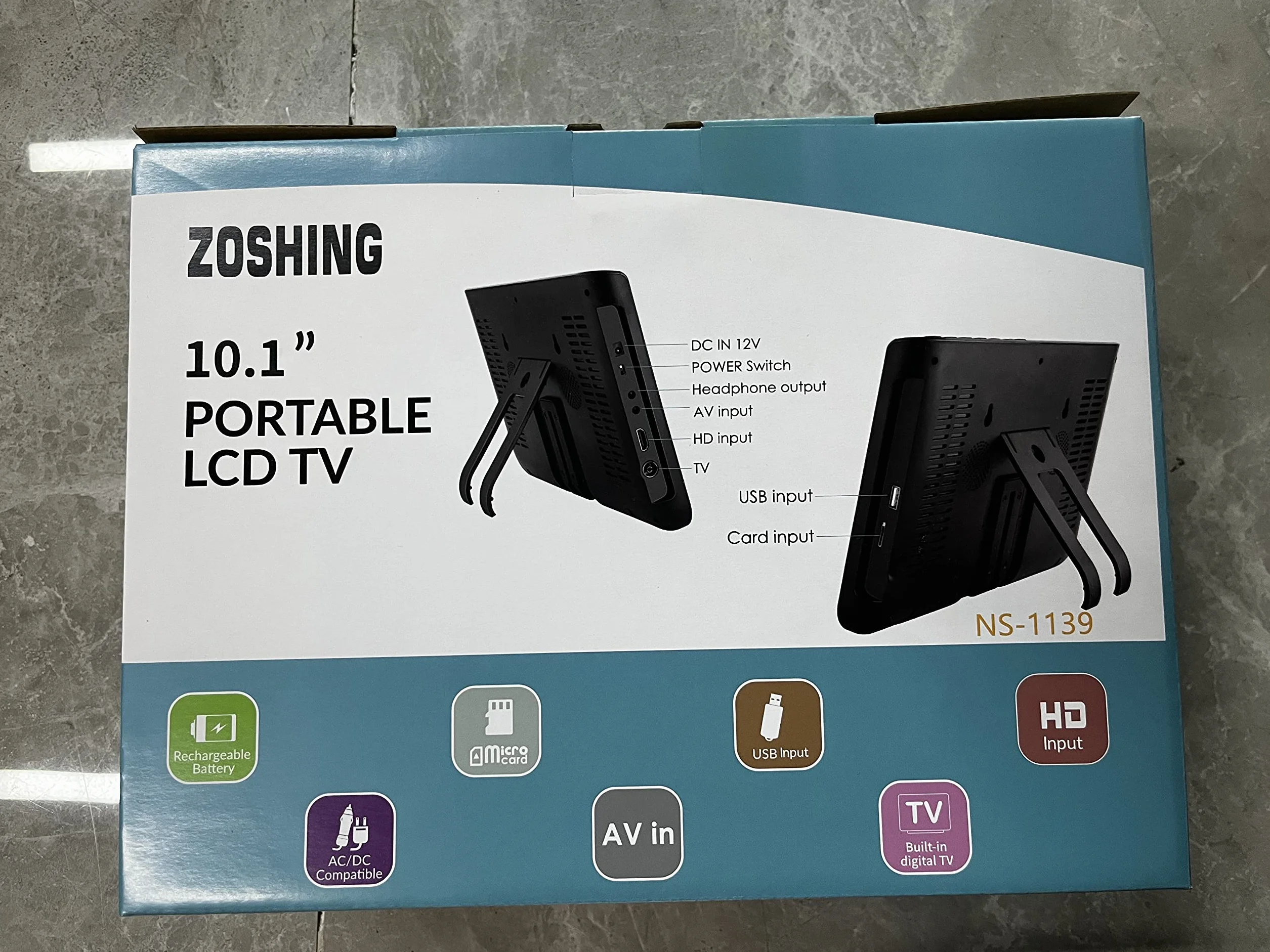 ZOSHING TV portatile 10.1 pollici DVB-T2 HDMI USB AV 12V per camper